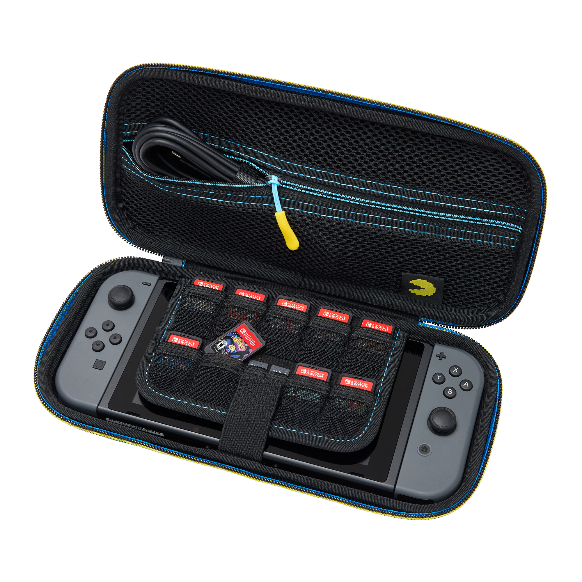 Grauer Nintendo Switch mit Controller, Ladekabel und Spielkarten in schwarzer Tasche.