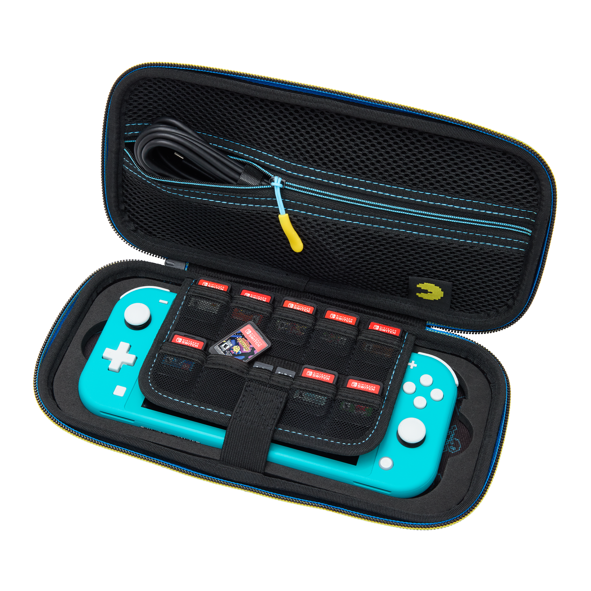 Eine blaue Nintendo Switch Lite Konsole liegt in einer schwarzen Tasche mit Spielkartenfächern.