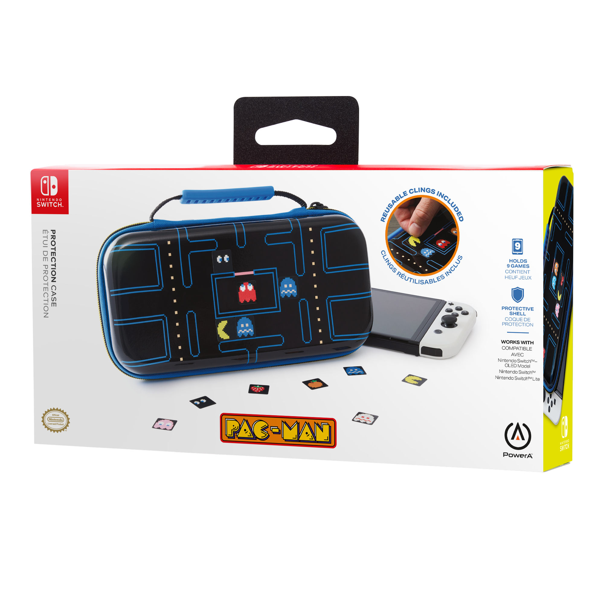 Pac-Man Nintendo Switch Hülle mit Spielcharakteren, Controller und Aufklebern.