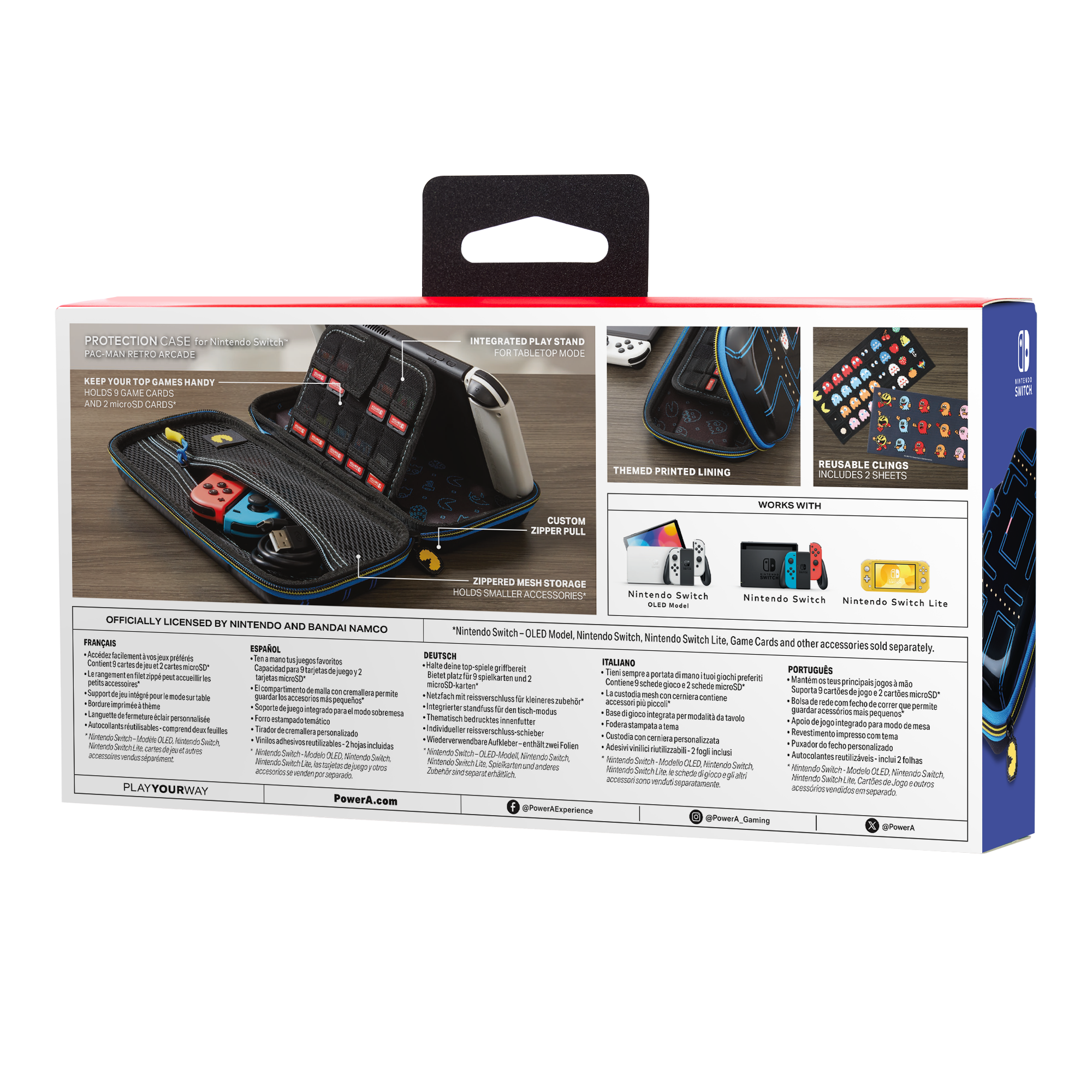 Pac-Man Nintendo Switch Tasche mit Spiel- und Kartenfächern, Ständer und Zubehör.