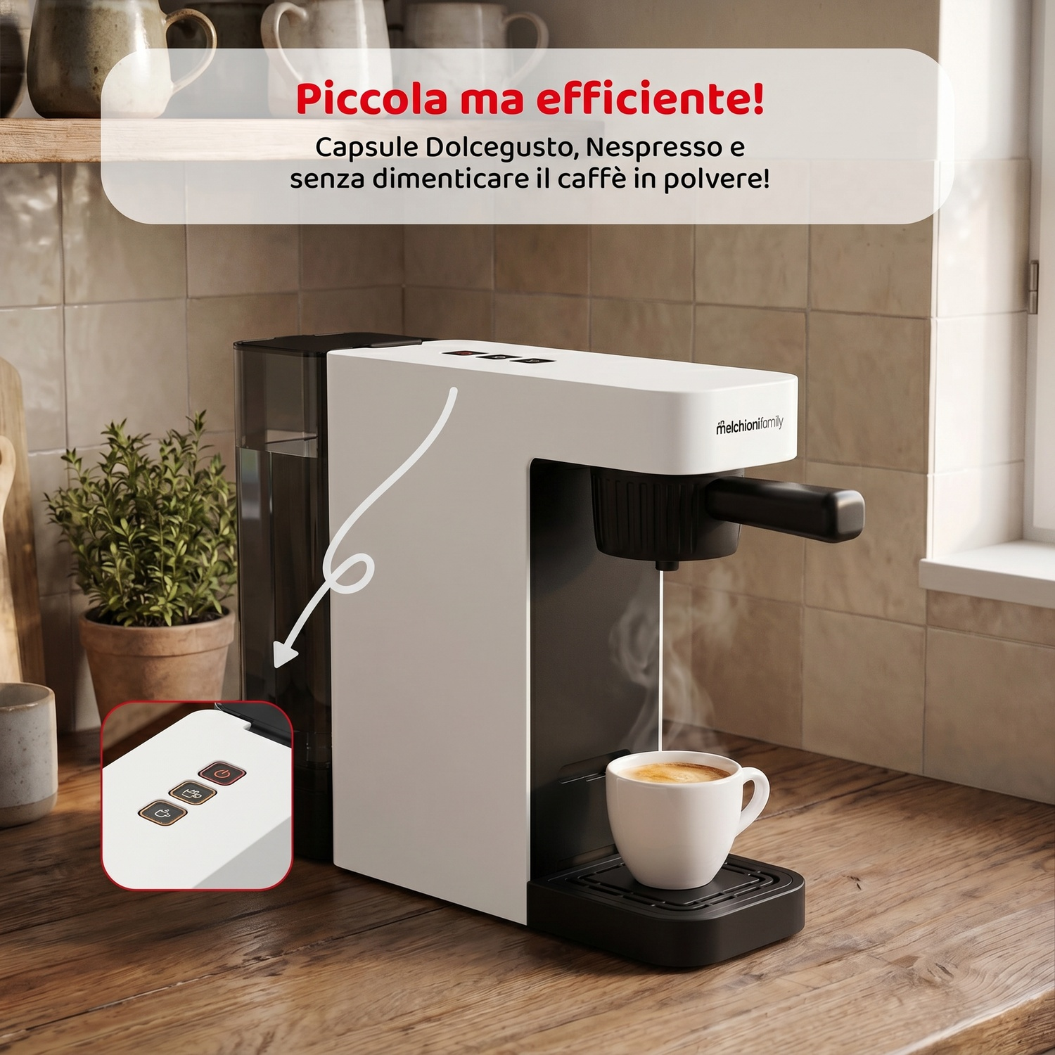 Macchina da caffè con tazza e vapore, con pulsanti e serbatoio acqua.