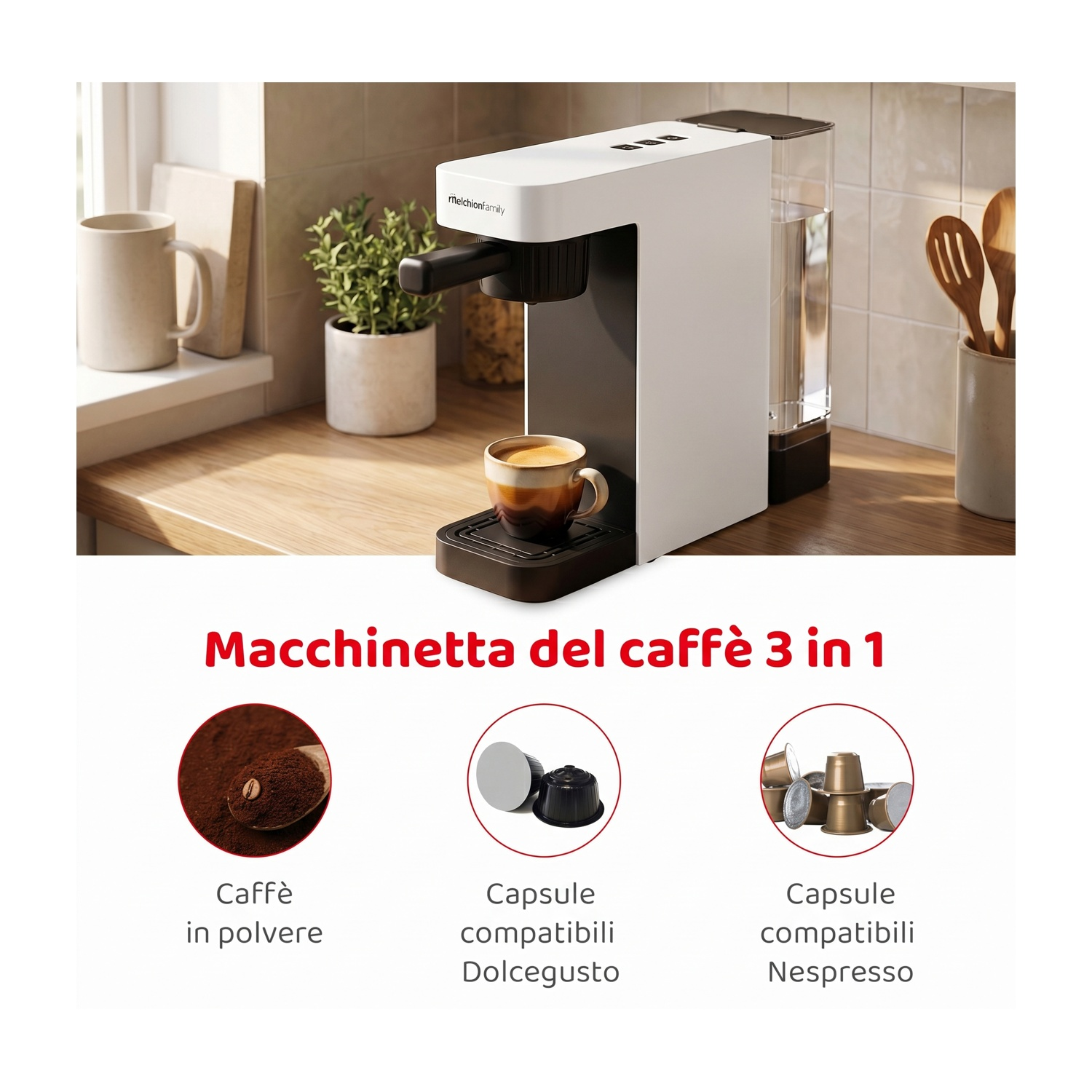 Una macchina da caffè bianca e grigia con tazza, caffè in polvere e capsule.