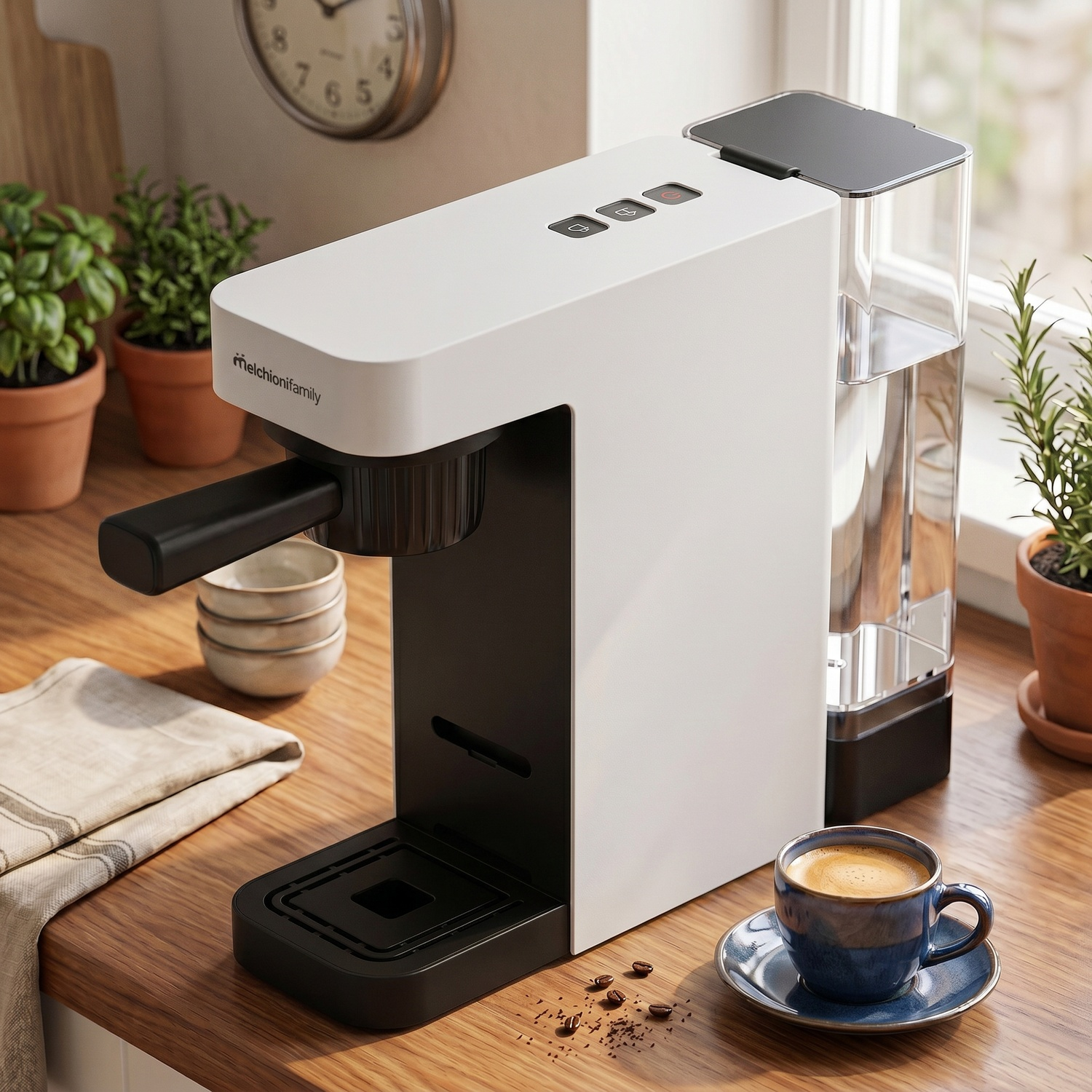 Una macchina da caffè bianca con una tazzina da caffè blu e chicchi su un tavolo di legno.