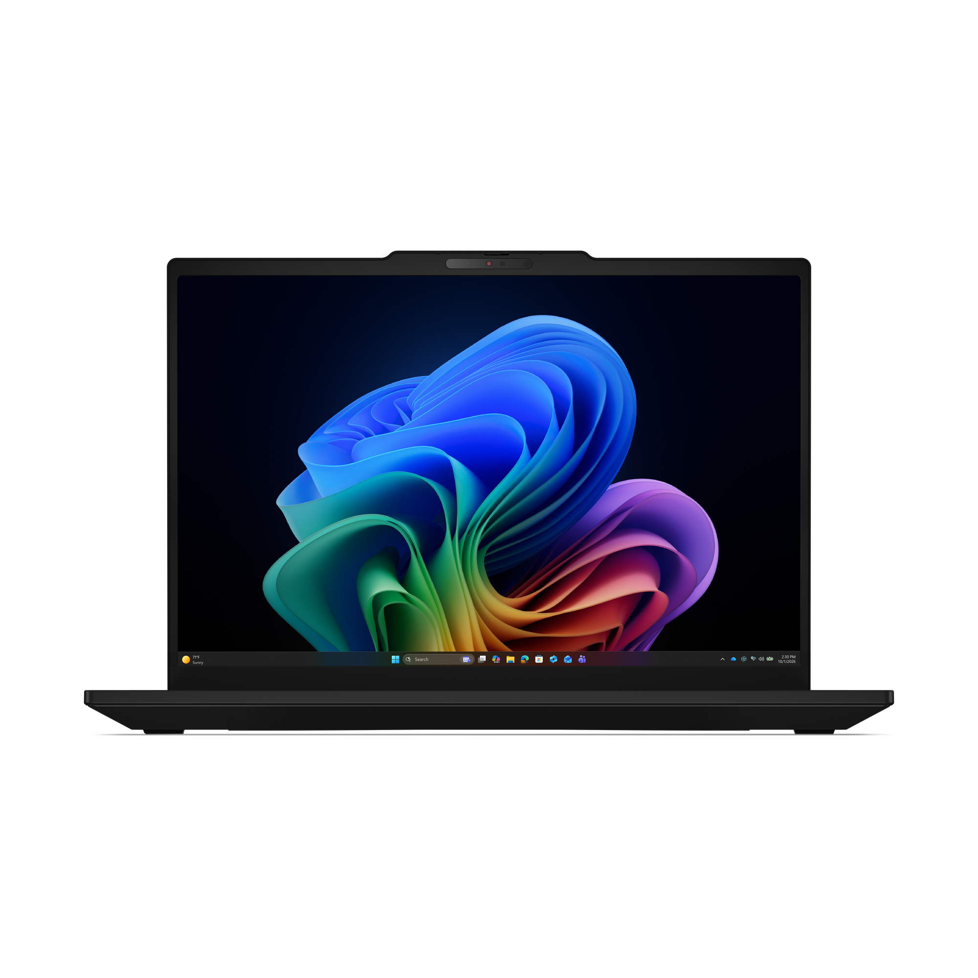 Ein schwarzer Laptop mit einem bunten Hintergrundbild und einer Taskleiste.
