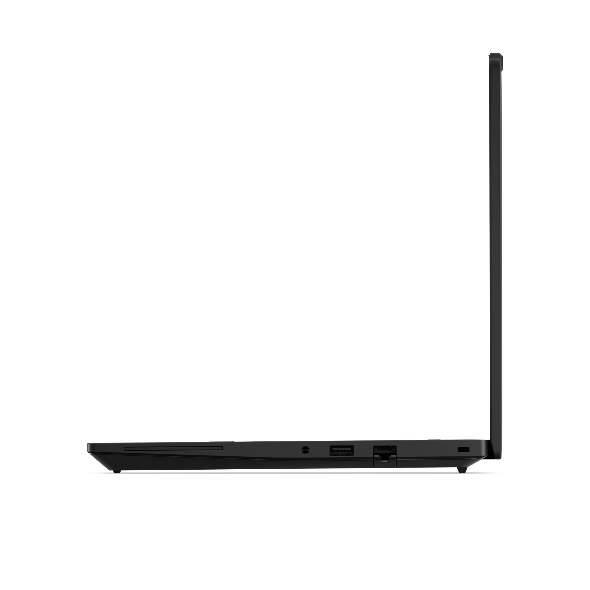 Schwarzer Laptop im Profil, Ansicht der Anschlüsse an der Seite.