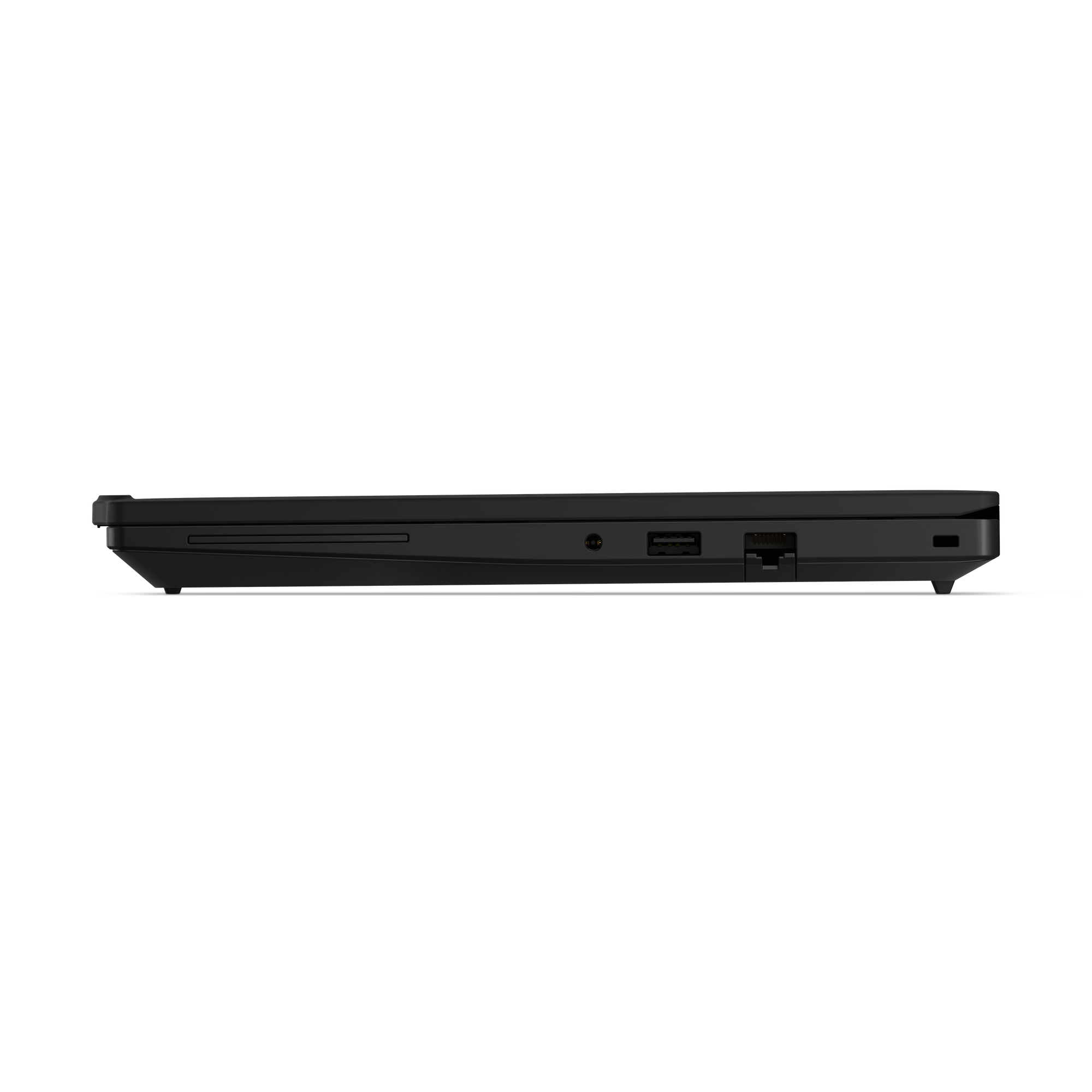 Schwarzer Laptop von der Seite mit USB- und Ethernet-Anschlüssen.