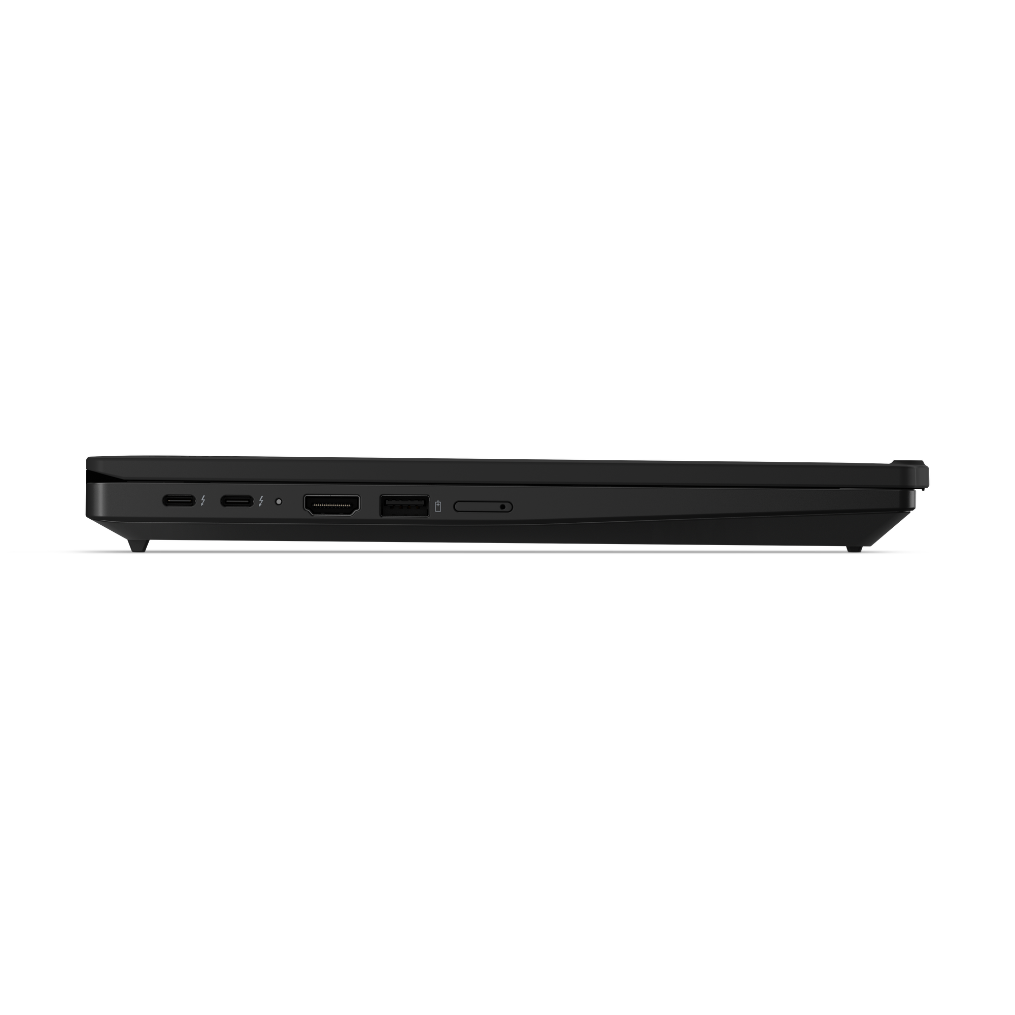 Schwarzer Laptop-Seite mit Anschlüssen: 2x USB-C, HDMI, USB-A, SD-Kartenleser.