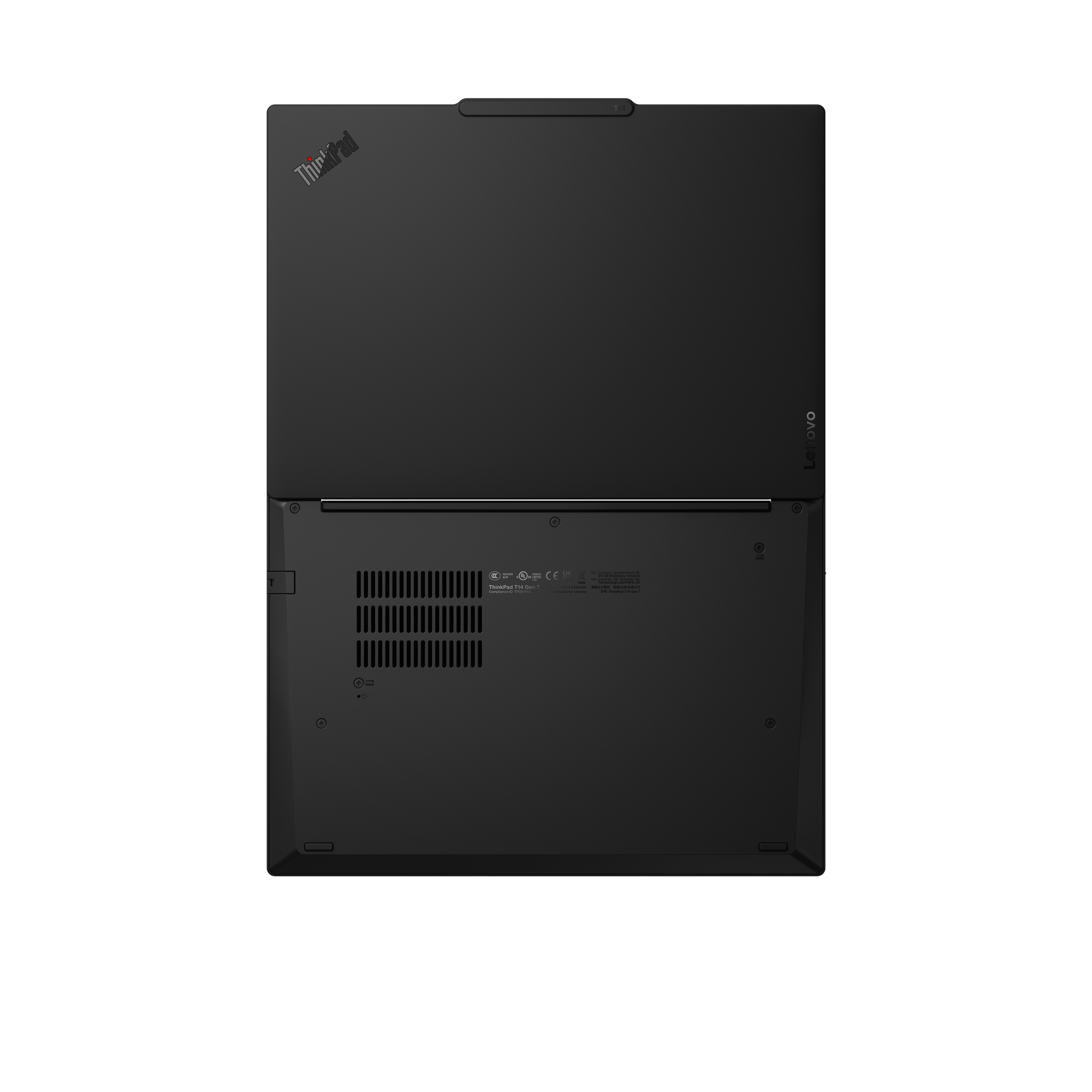 Obenansicht eines schwarzen ThinkPad T14 Gen 7 Laptops mit ThinkPad-Logo.