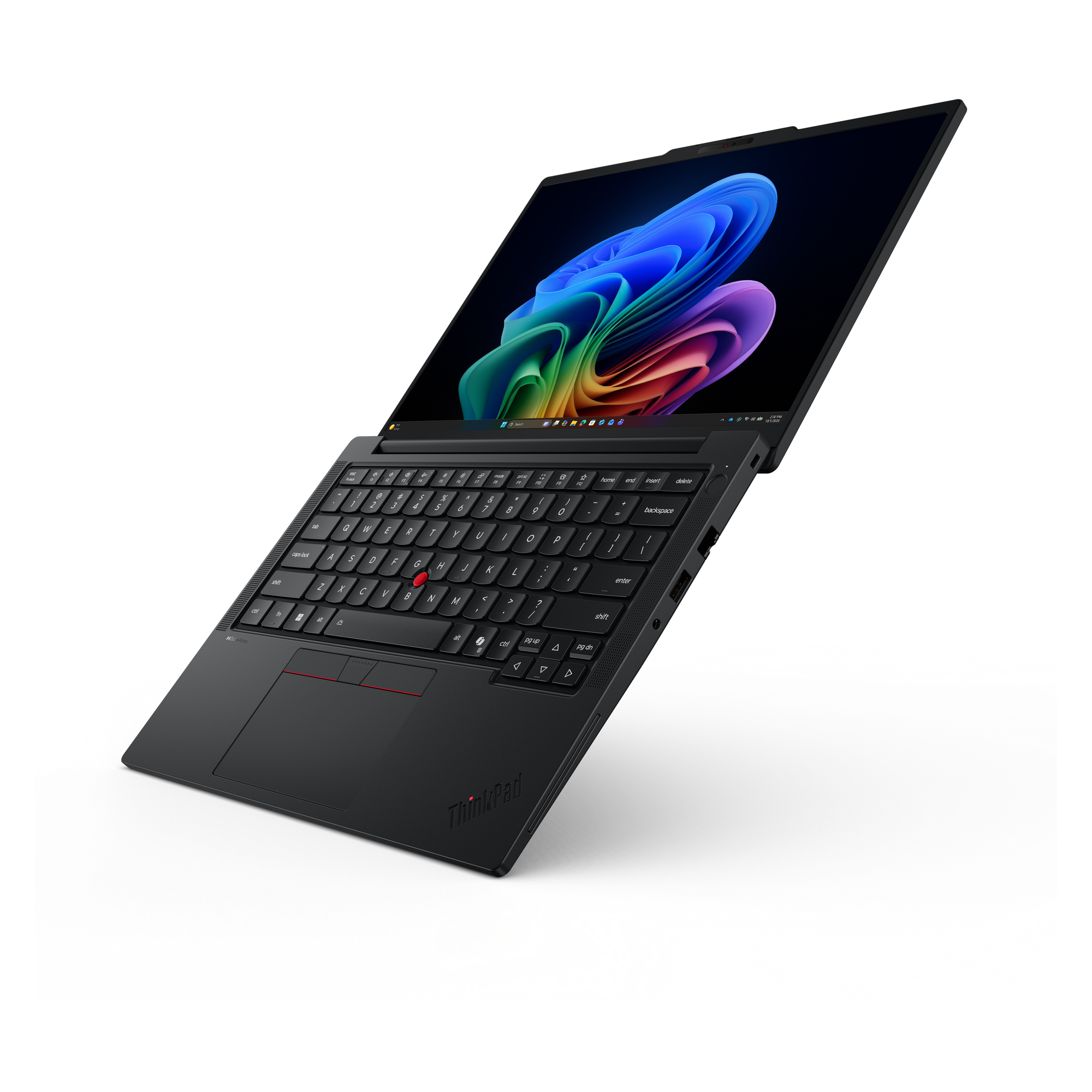Ein schwarzer ThinkPad Laptop mit beleuchtetem bunten Desktop-Hintergrund.