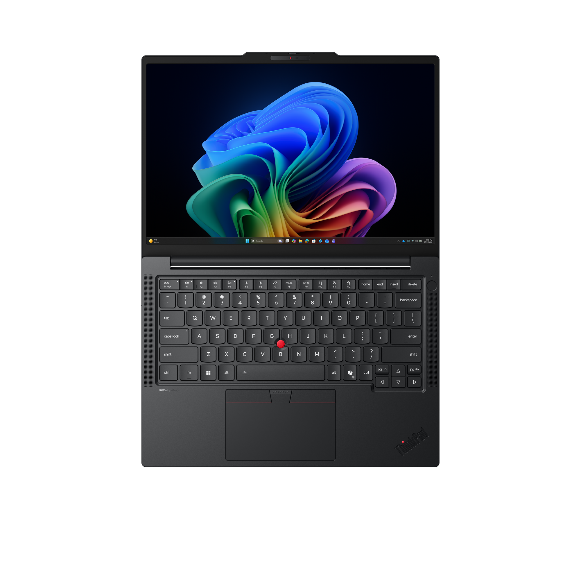 Ein offener schwarzer Laptop mit farbenfrohem Hintergrundbild auf dem Bildschirm.