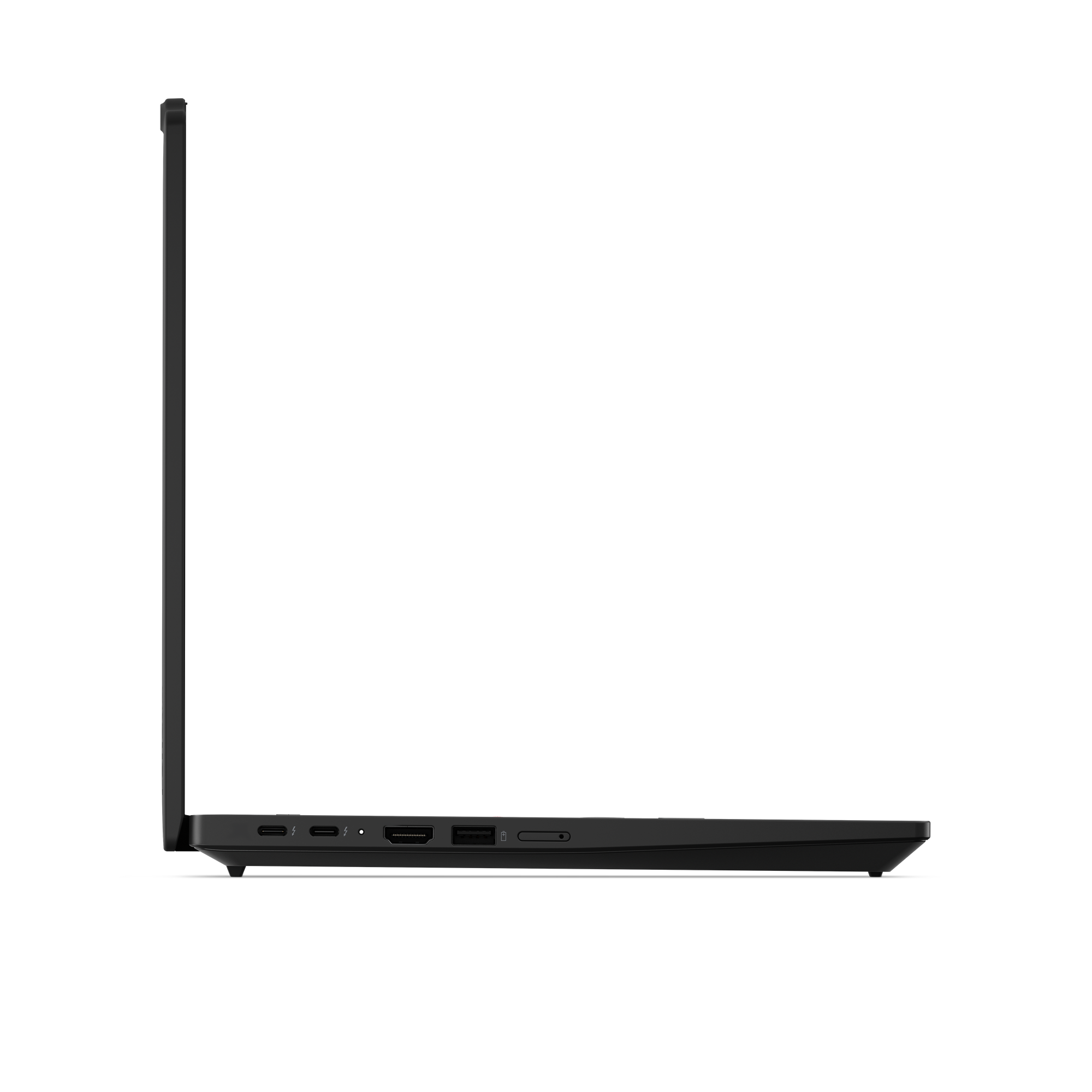 Schwarzer Laptop im Seitenprofil mit sichtbaren Anschlüssen: 2x USB-C, 1x HDMI, 1x USB-A.