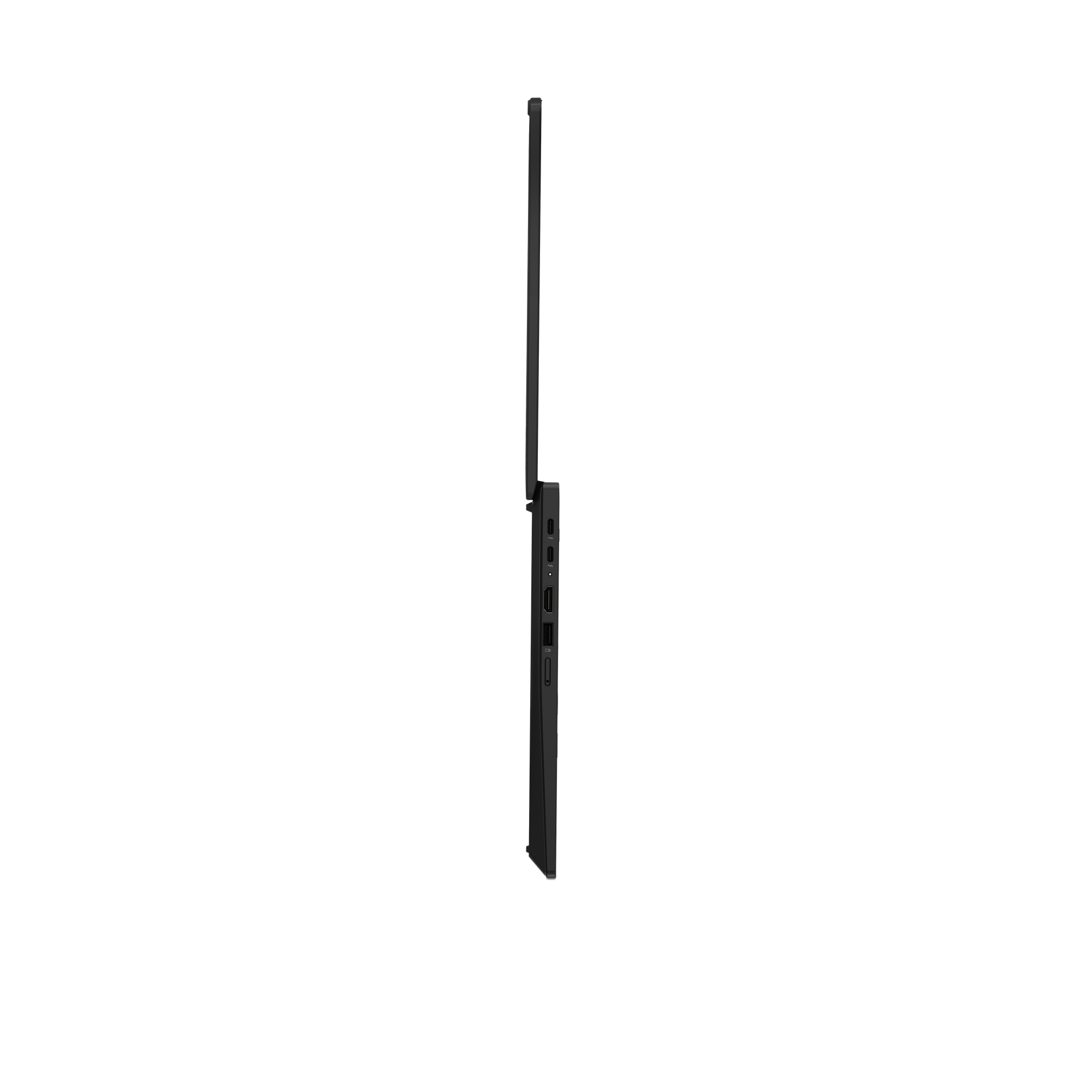 Seitenansicht eines schwarzen Laptops mit Anschlüssen.