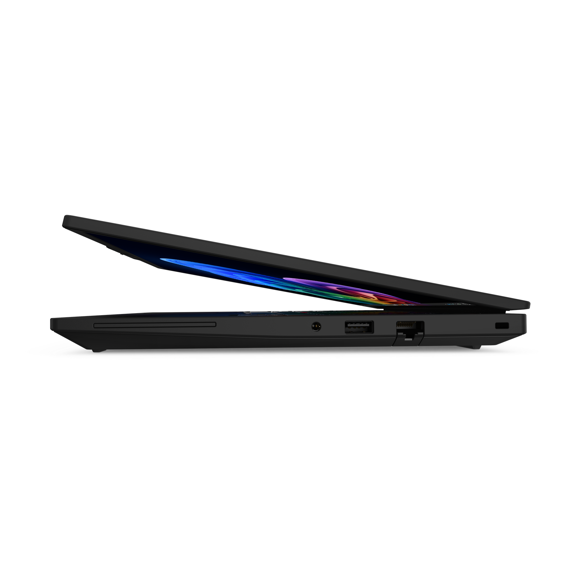 Schwarzer Laptop im Profil, Bildschirm leicht geöffnet, zeigt bunte Lichter.