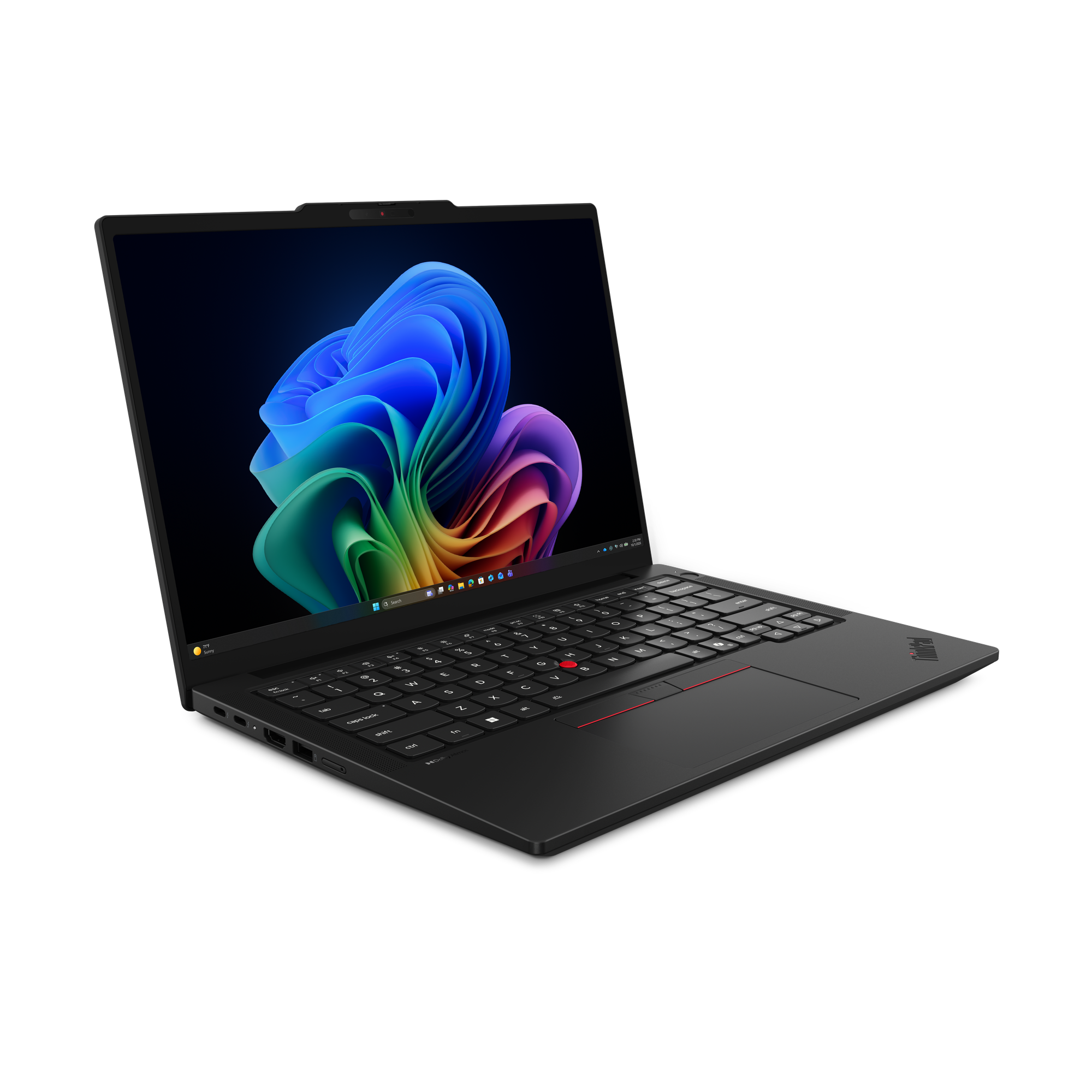 Schwarzer Laptop mit leuchtendem Bildschirm und Tastatur, der auf schwarzem Hintergrund steht.