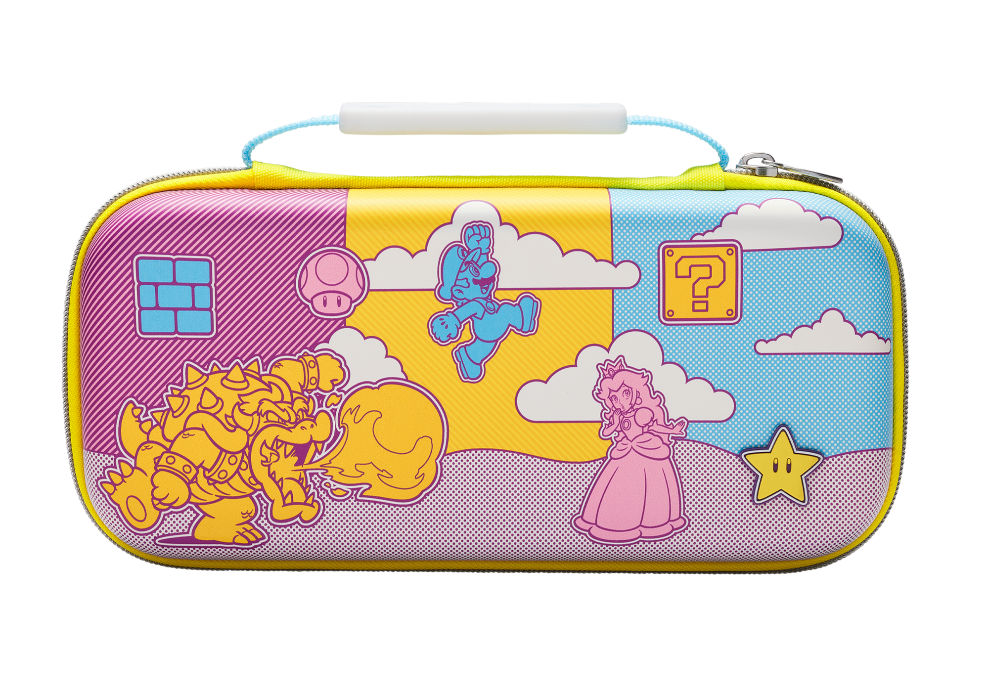 Eine Nintendo Switch Hülle mit Super Mario-Motiven: Bowser, Mario, Prinzessin Peach und ein Stern.