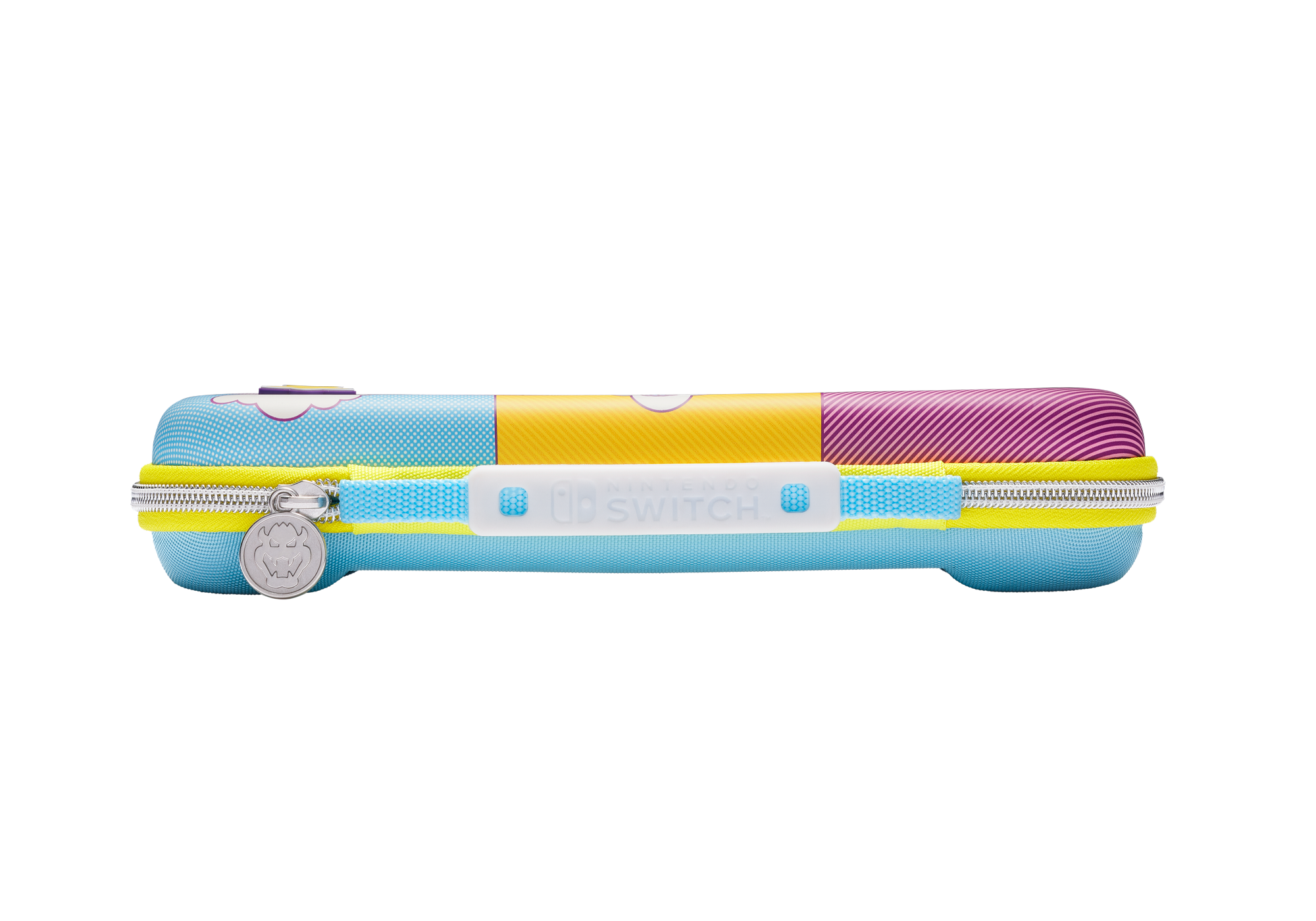 Eine blaue Nintendo Switch-Hülle mit bunten Paneelen und Reißverschluss.