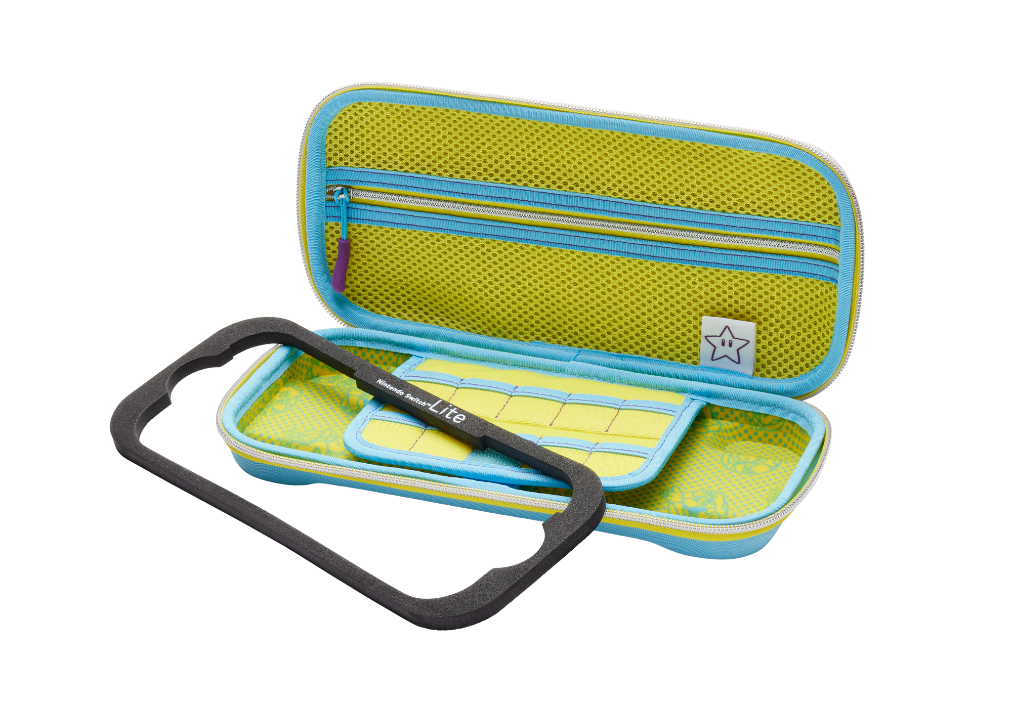 Ein offenes hellblaues Etui mit gelb-grünem Netzfutter und einem Schaumstoffrahmen.