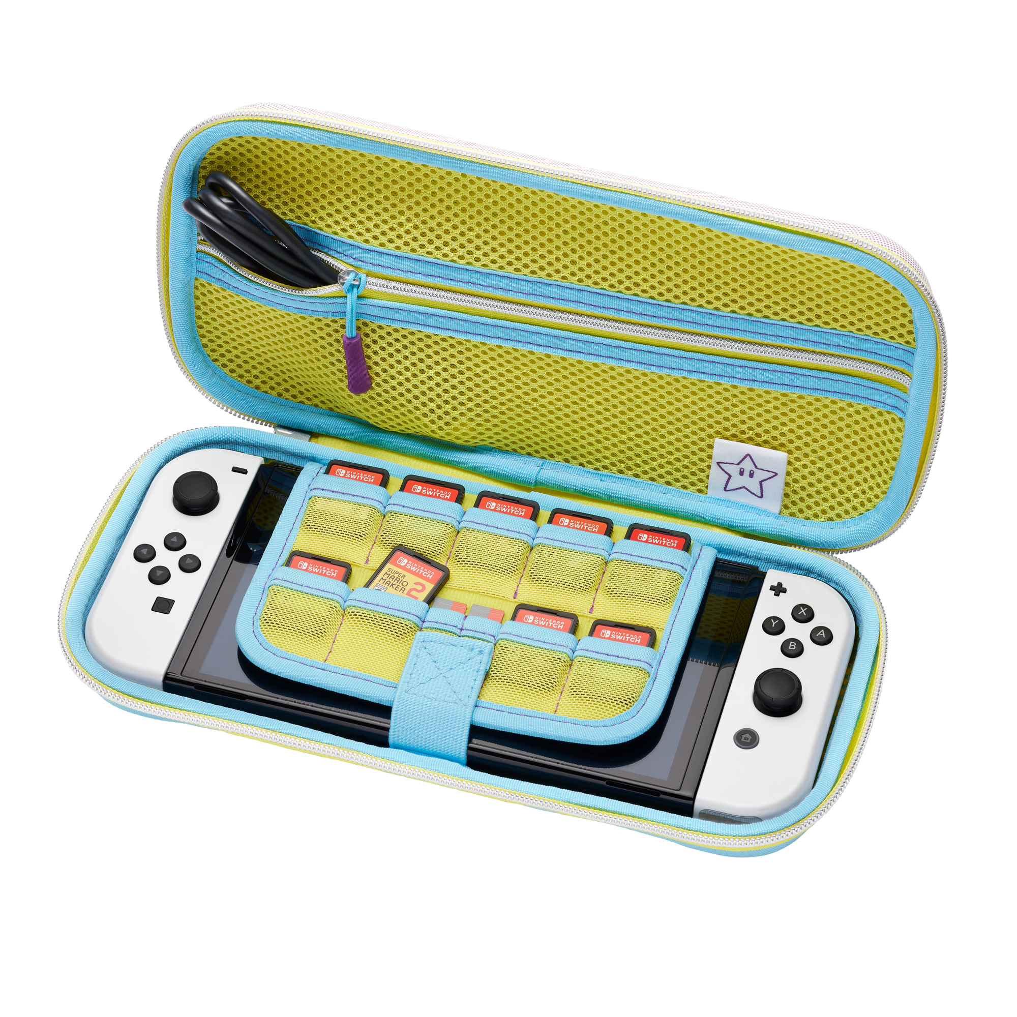 Nintendo Switch-Konsole in einer offenen Tasche mit vielen Spielkassetten und Kabeln.