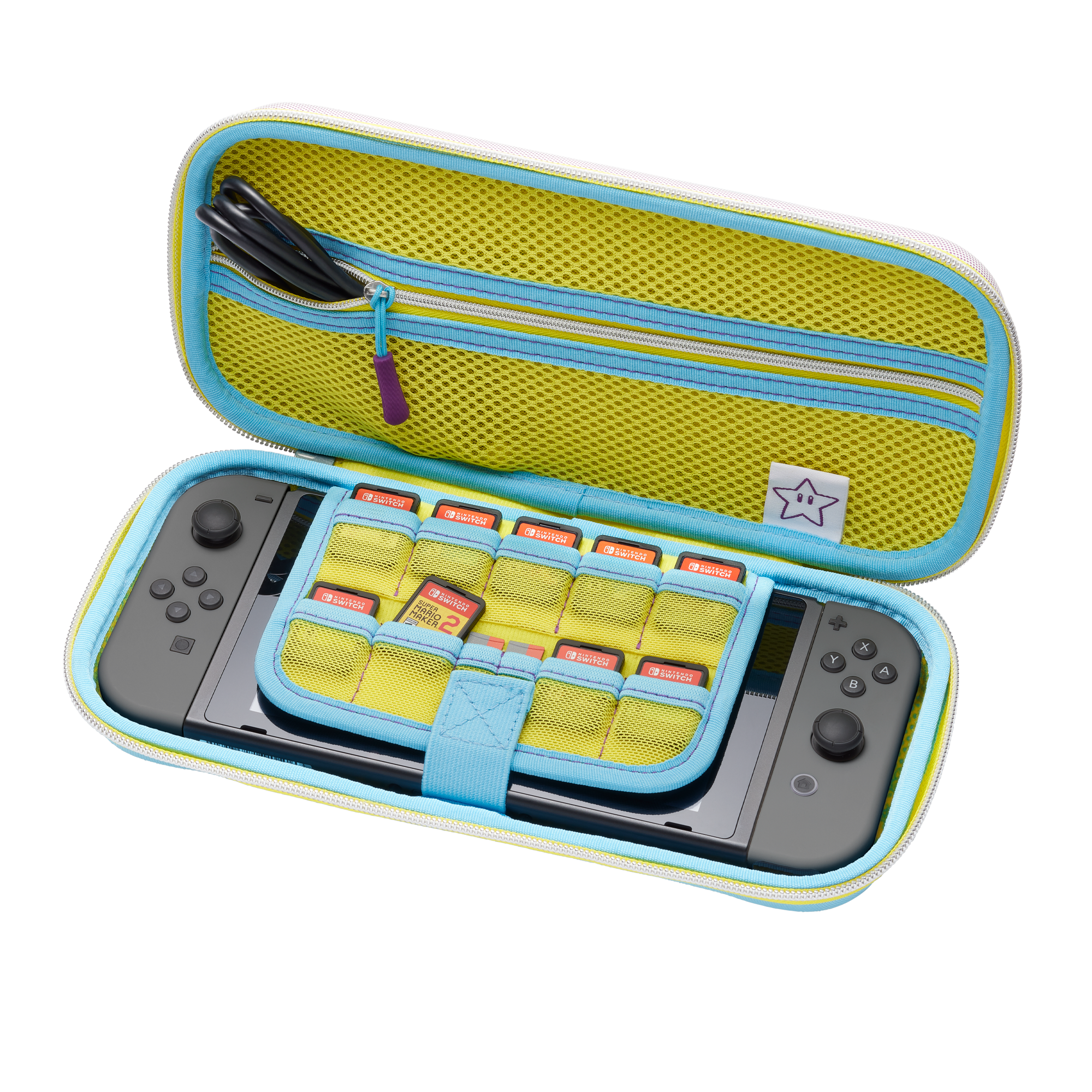 Eine Nintendo Switch-Konsole mit Spielen und Kabeln in einer gelb-blauen Tasche.