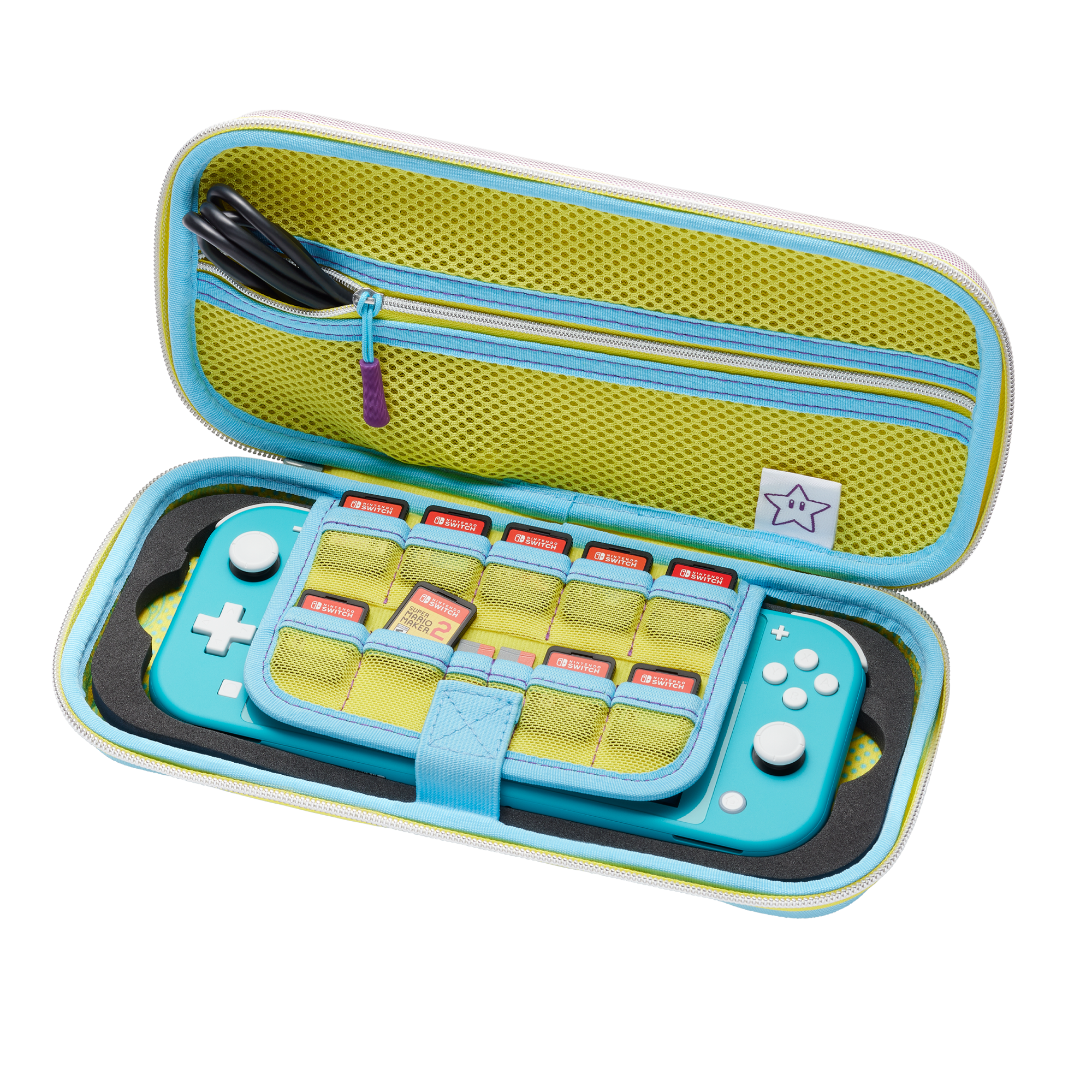 Türkisfarbene Nintendo Switch Lite in gelb-blauer Hülle mit Spielkarten und Ladegerät.