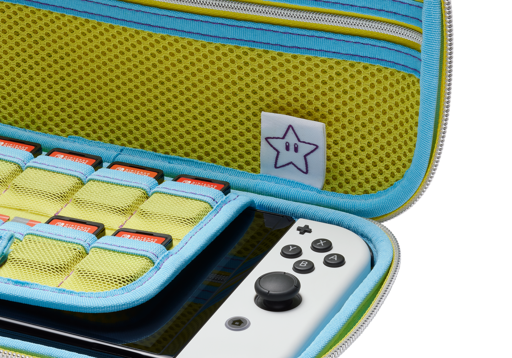 Eine bunte Nintendo Switch Tasche mit Spielen und Controller.