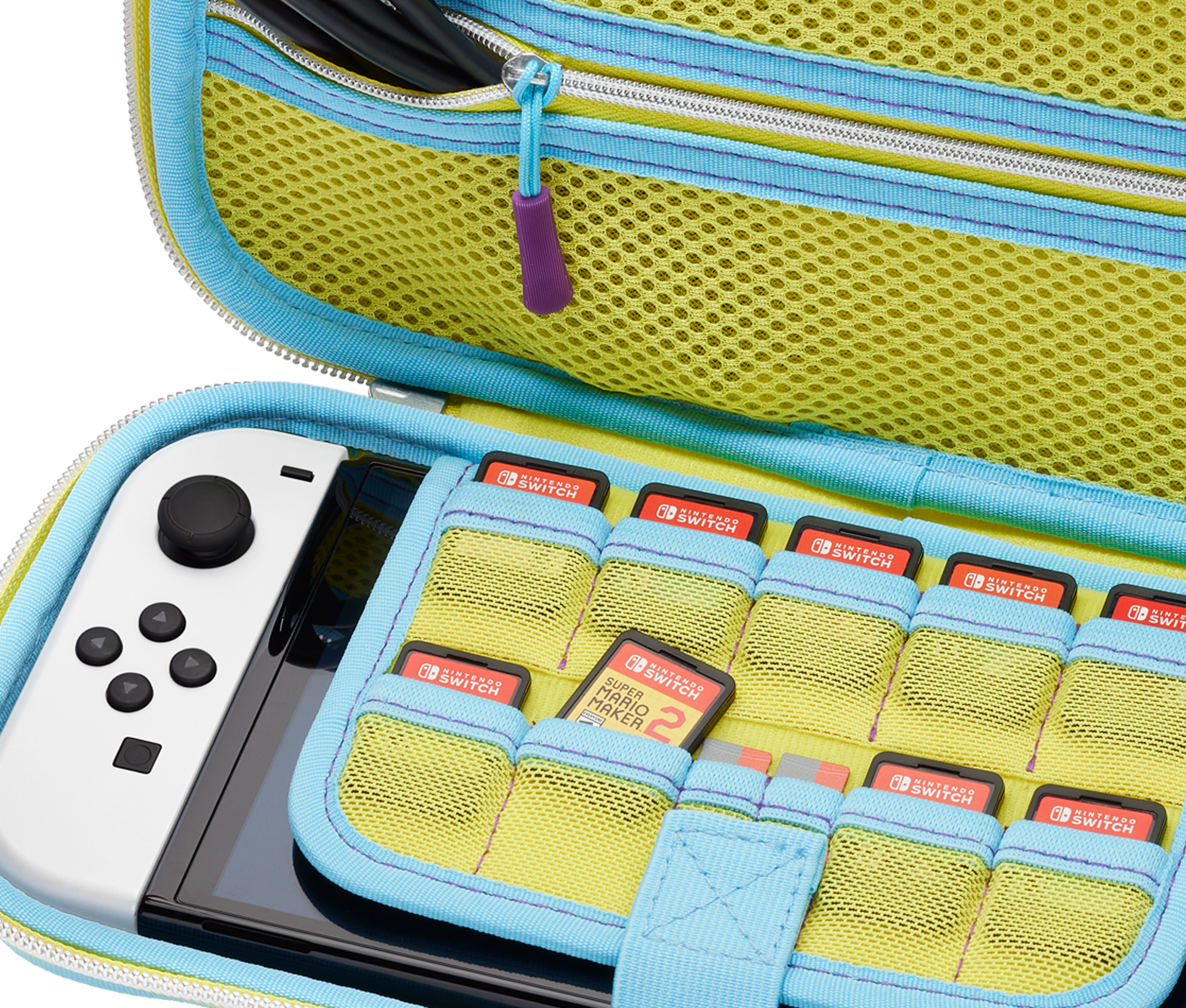 Ein Nintendo Switch mit Spielen in einer blauen und gelben Tasche.