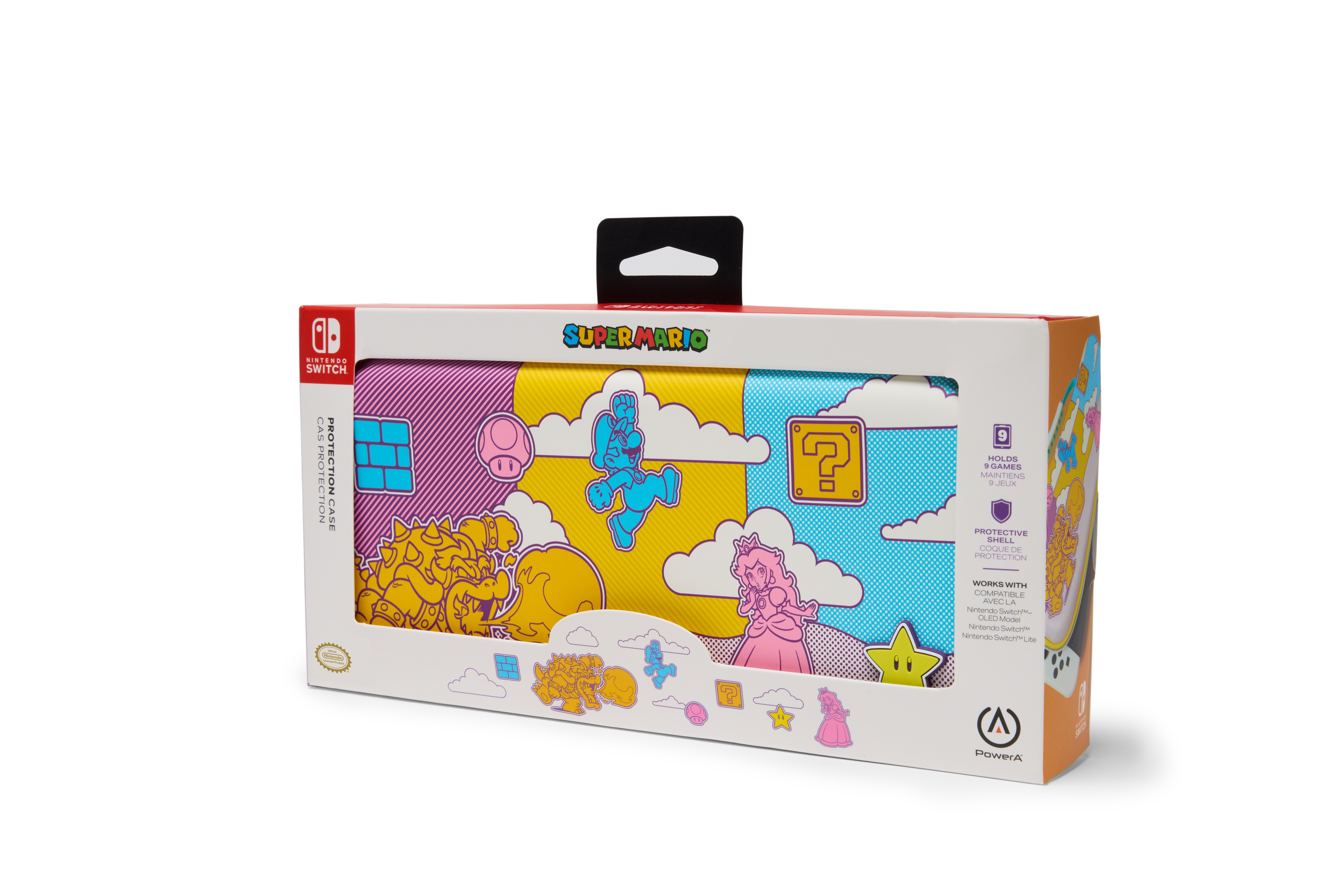 Eine Nintendo Switch Schutzhülle mit Super Mario-Motiv, zeigt Charaktere und Elemente.