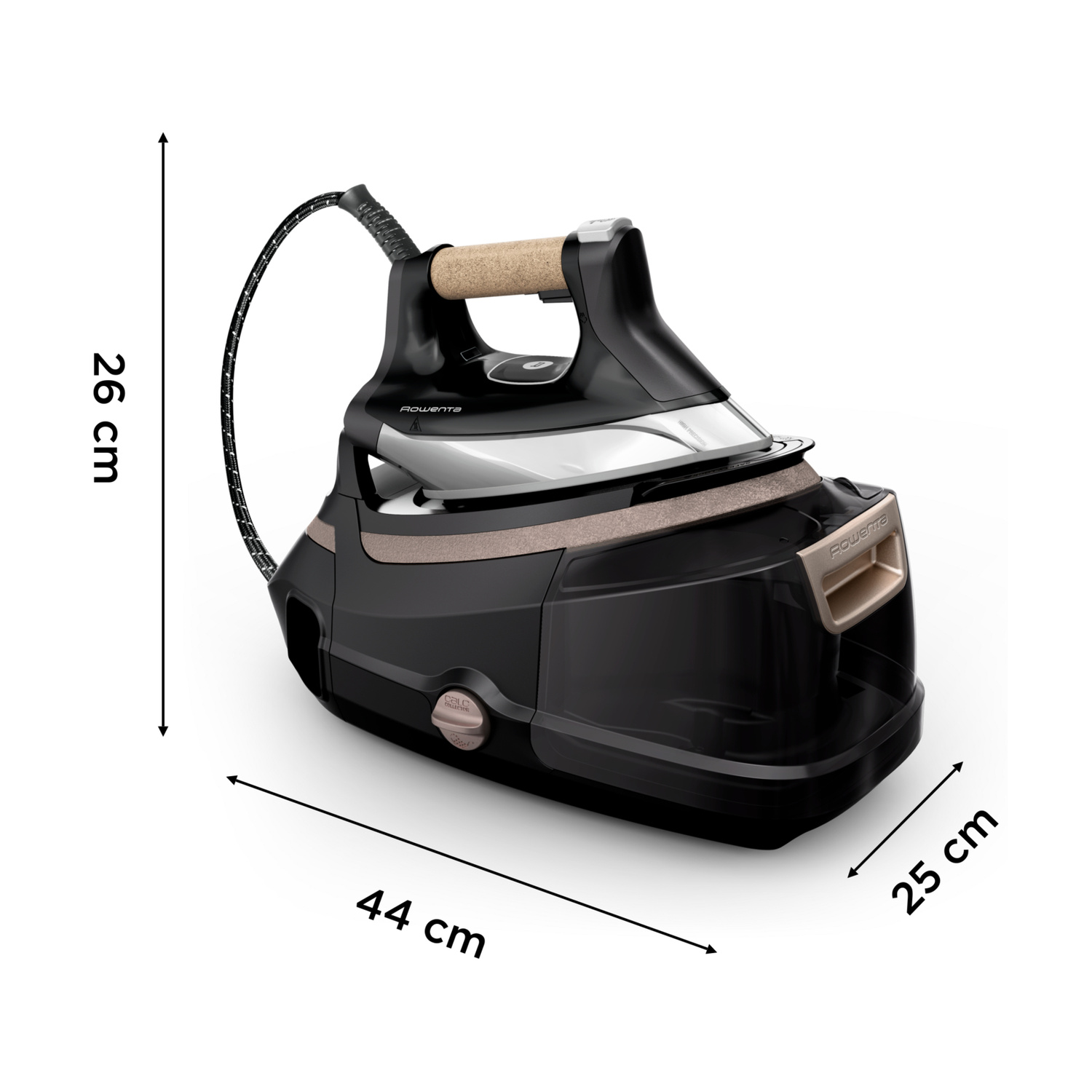 Ferro da stiro a vapore nero con dimensioni 44x26x25 cm.