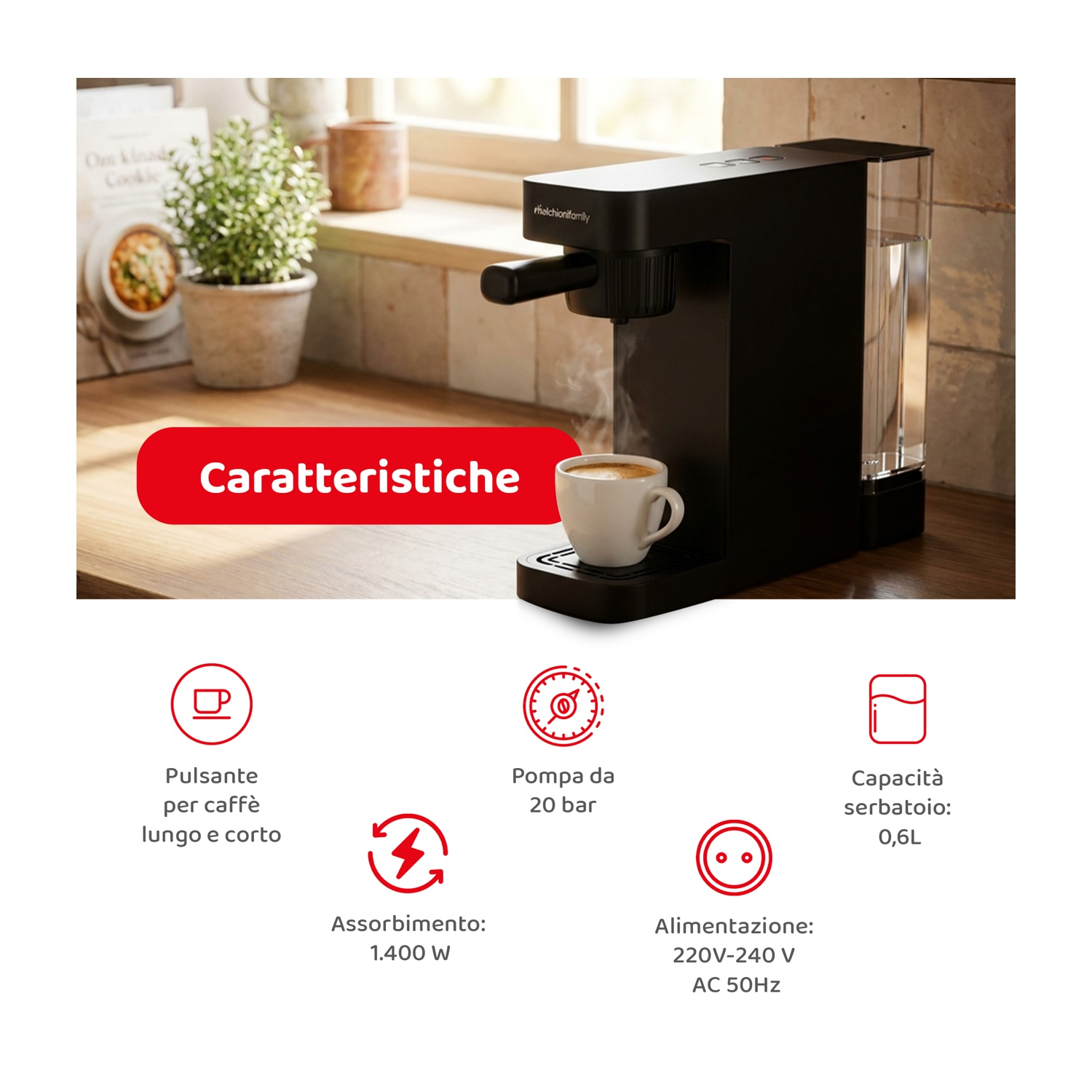 Macchina da caffè nera con vapore, tazza di caffè, serbatoio acqua. Caratteristiche: pompa 20 bar, 1,4 kW, serbatoio 0,6 L.