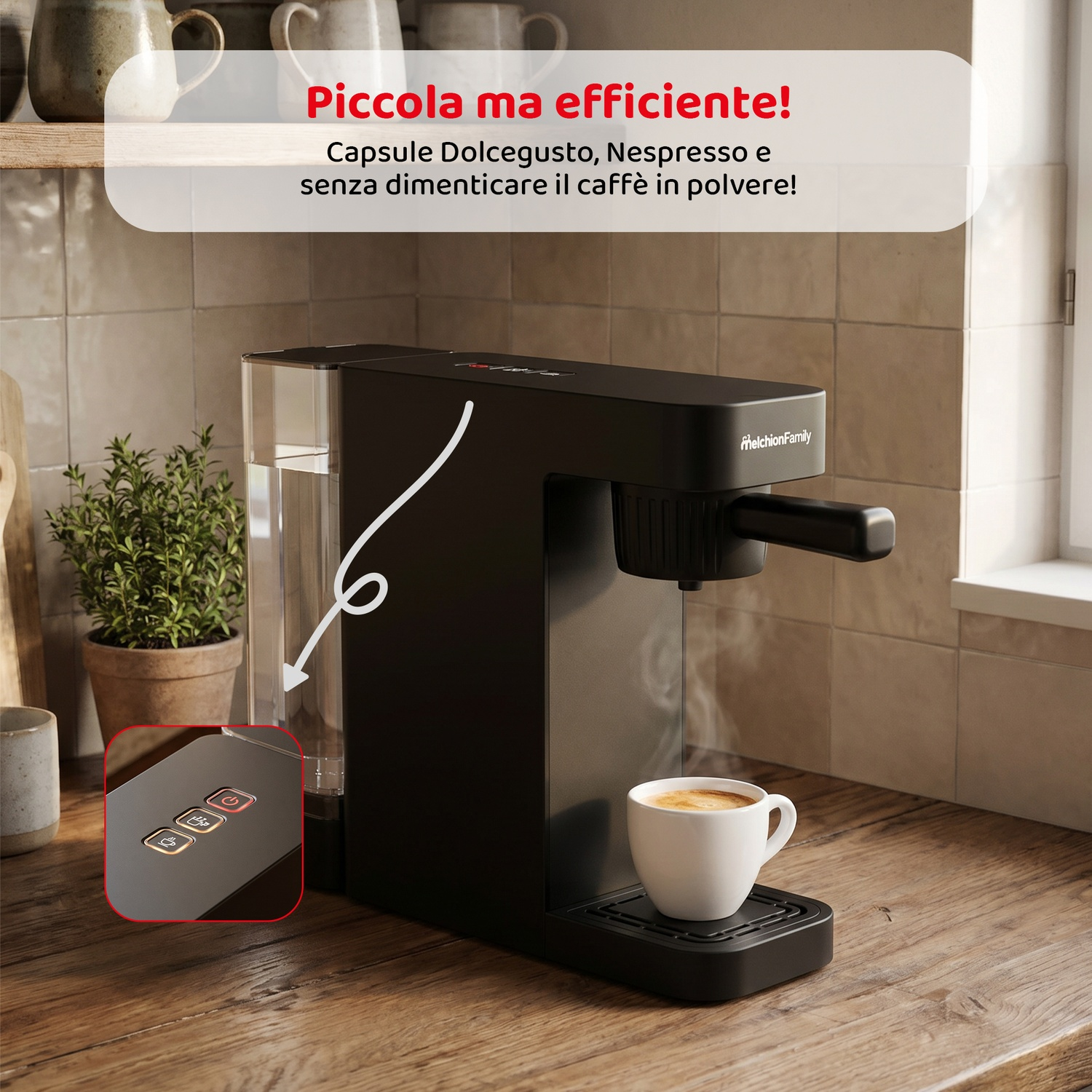 Una macchina da caffè nera con una piccola tazza di caffè.