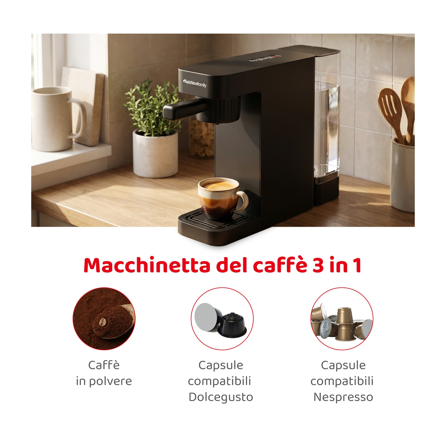 Macchina da caffè nera con tazza, caffè macinato, capsule Dolce Gusto e Nespresso.