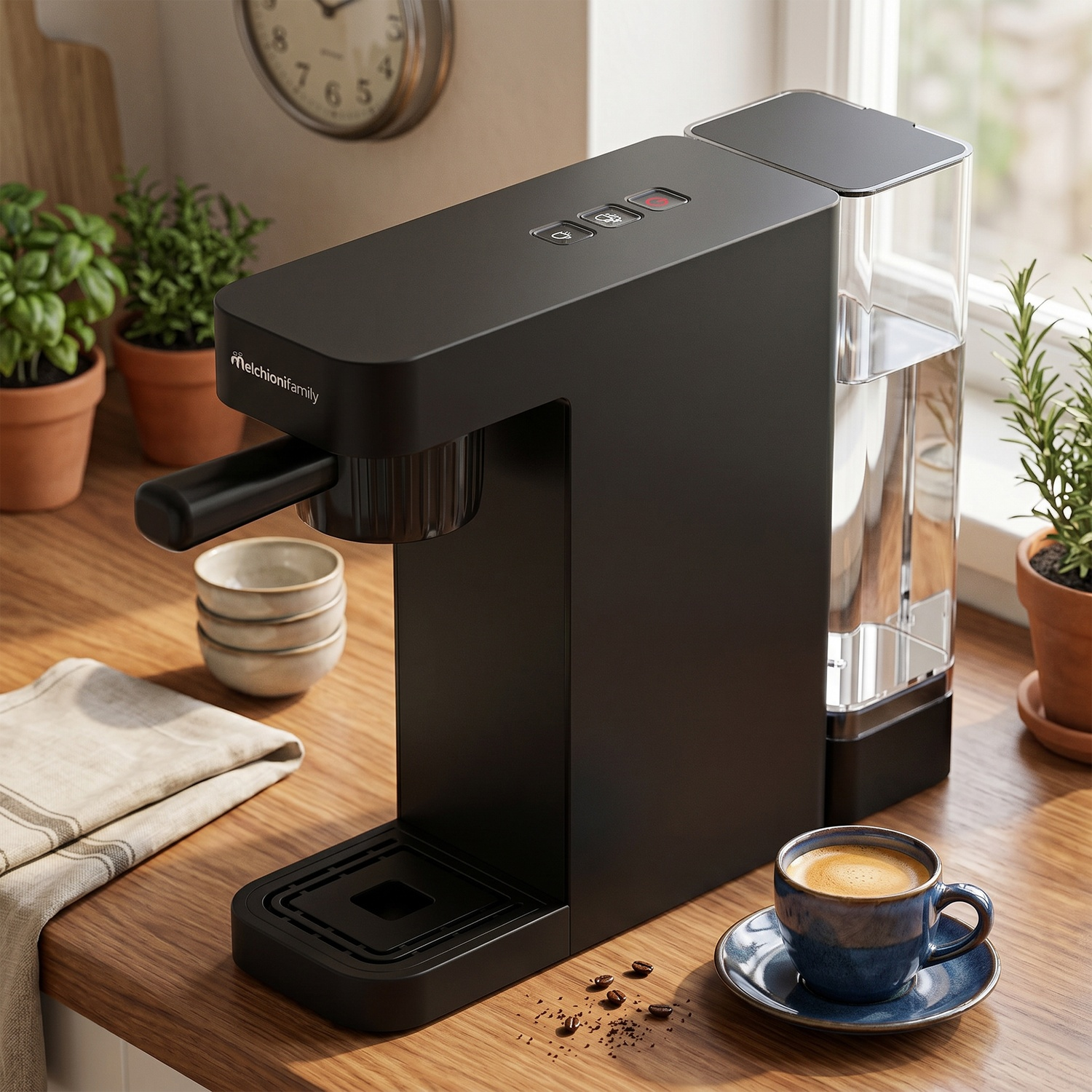 Macchina da caffè nera su un bancone di legno con una tazza di caffè e piante.