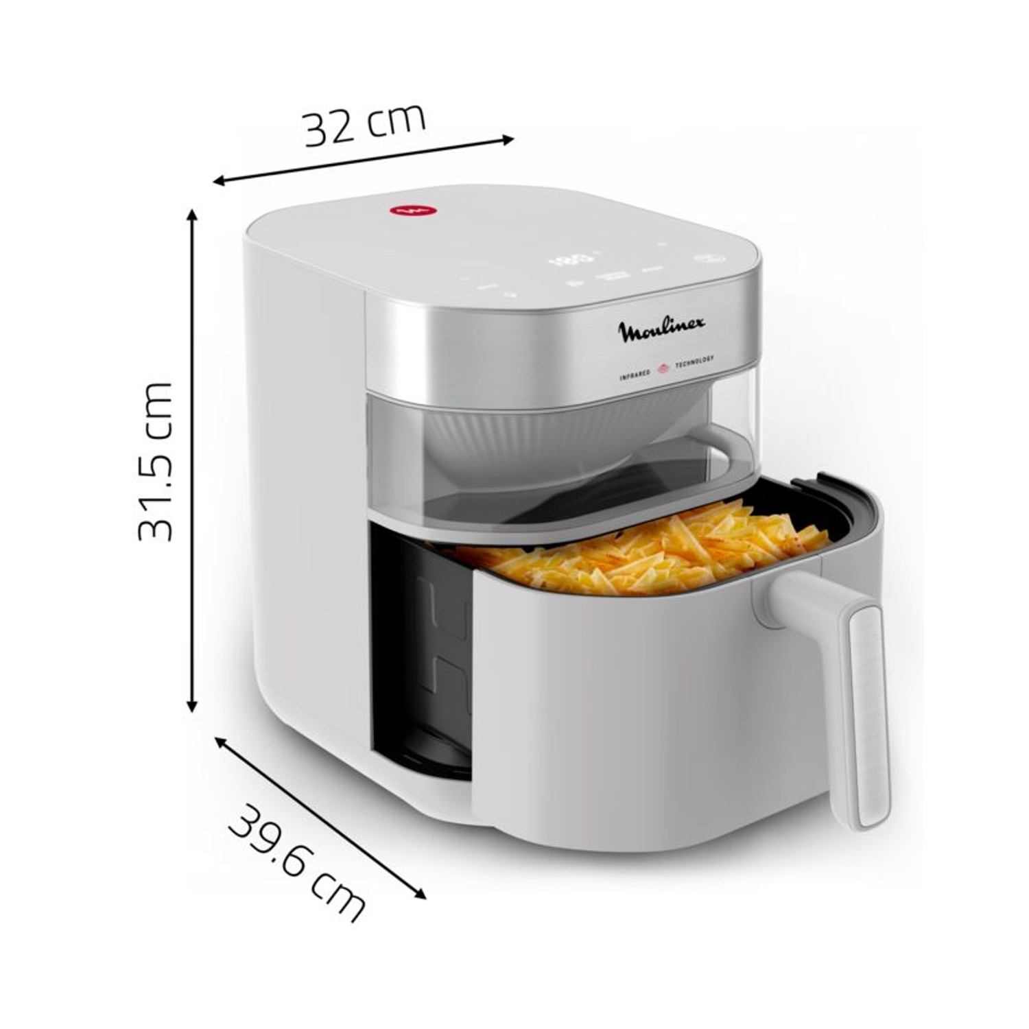 Friggitrice ad aria bianca con cassetto pieno di patatine fritte. Dimensioni indicate.