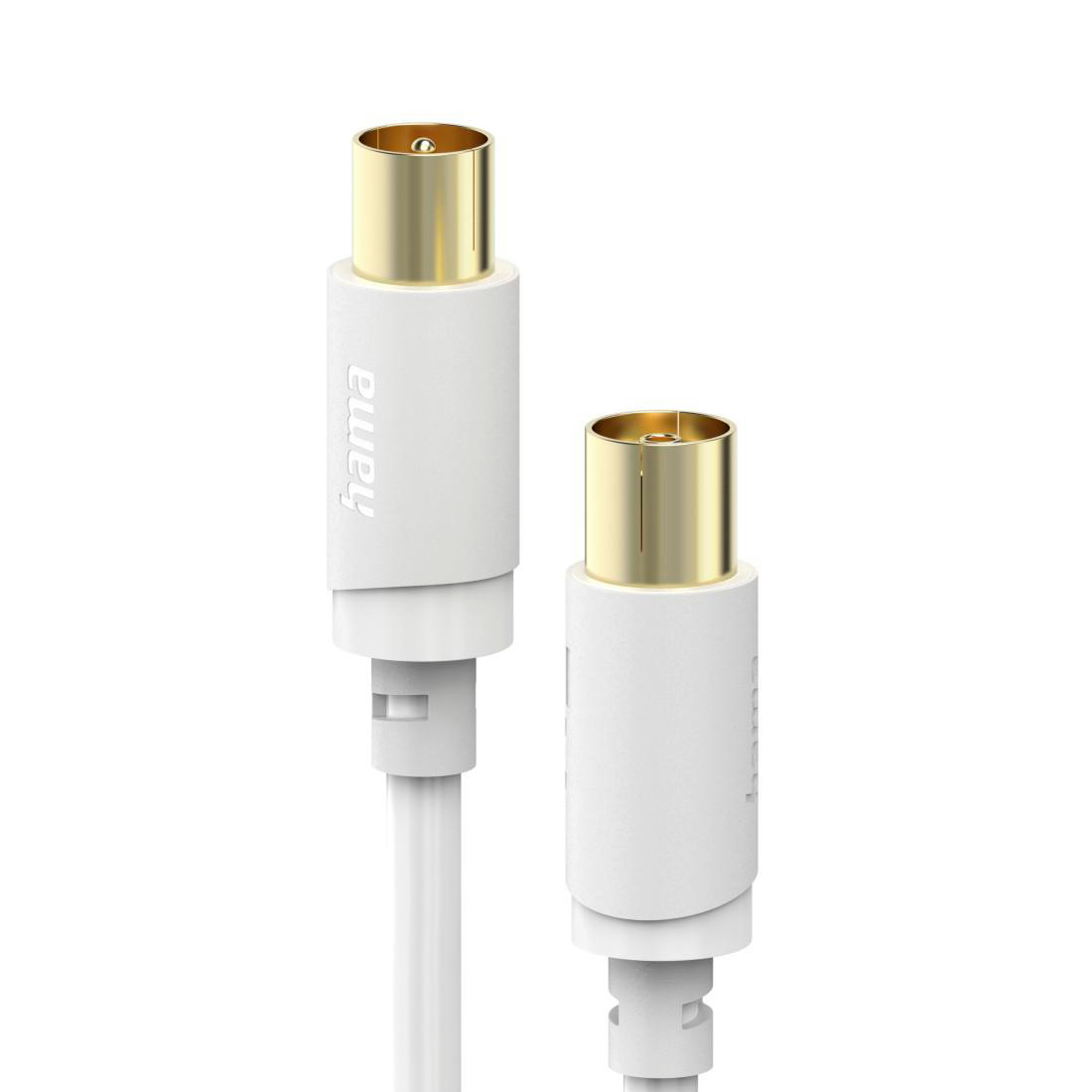 Zwei weiße Kabel mit goldenen Anschlüssen, auf weißem Hintergrund.