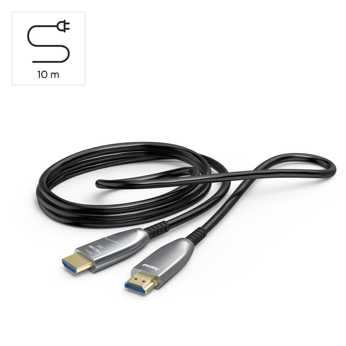Ein 10m langes HDMI-Kabel mit silbernen Steckern und schwarzem Kabel.