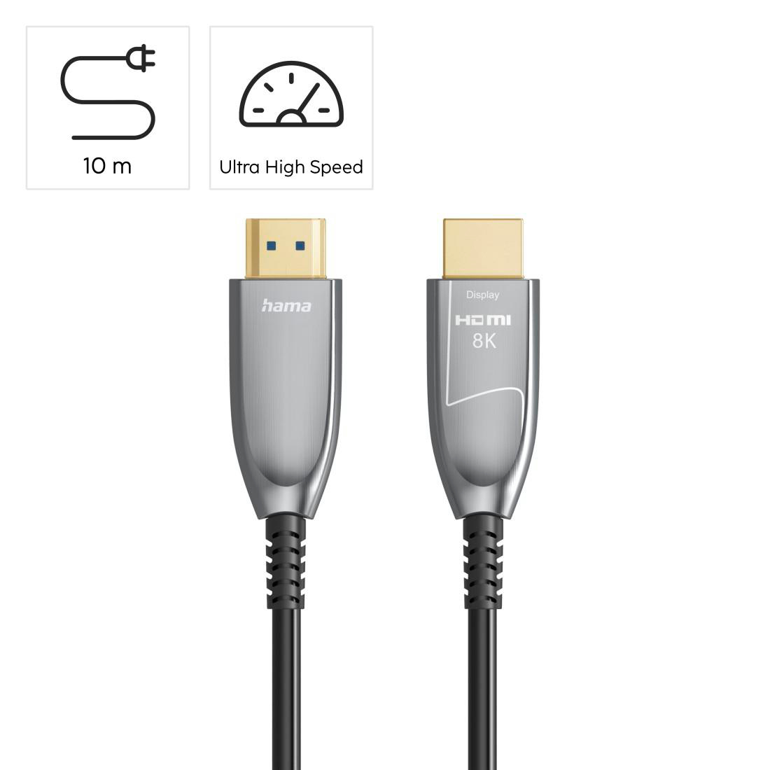 Zwei silberne HDMI-Kabel mit schwarzen Steckern. Eines sagt HAMA, das andere HDMI 8K.