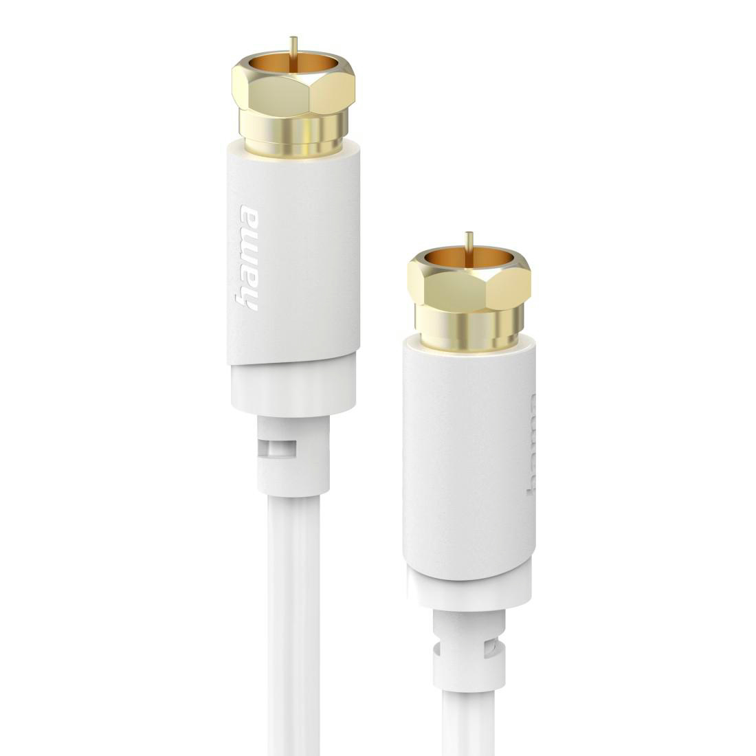 Zwei weiße Koaxialkabelstecker mit goldenen Anschlüssen auf weißem Hintergrund.