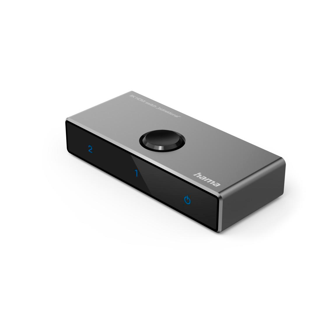 Grauer 8K HDMI-Umschalter mit Hama-Logo, Tasten 1 und 2, und Ein/Aus-Symbol.