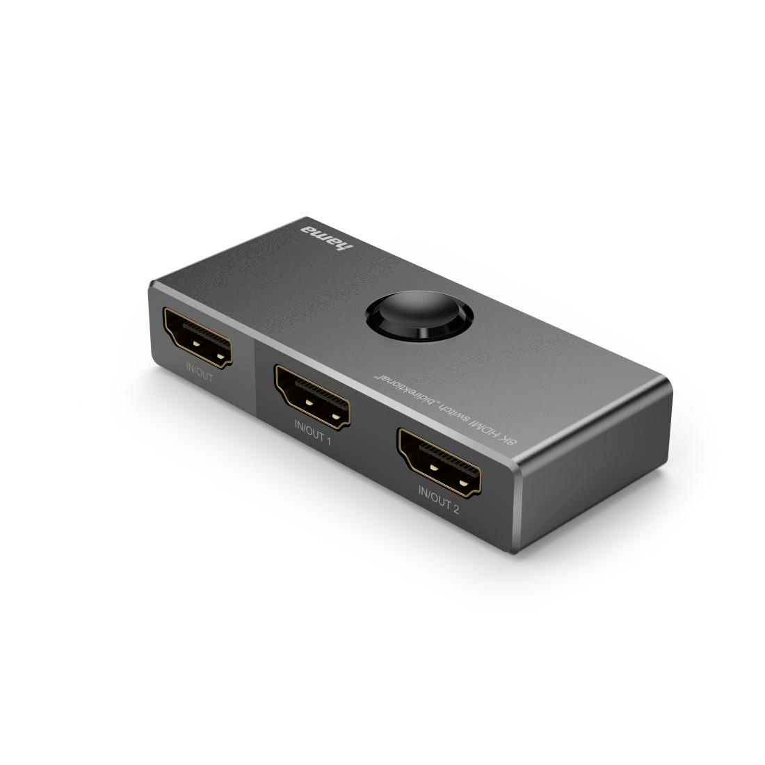 Grauer 8K HDMI Switch mit "bidirektional" Beschriftung und mehreren Anschlüssen.