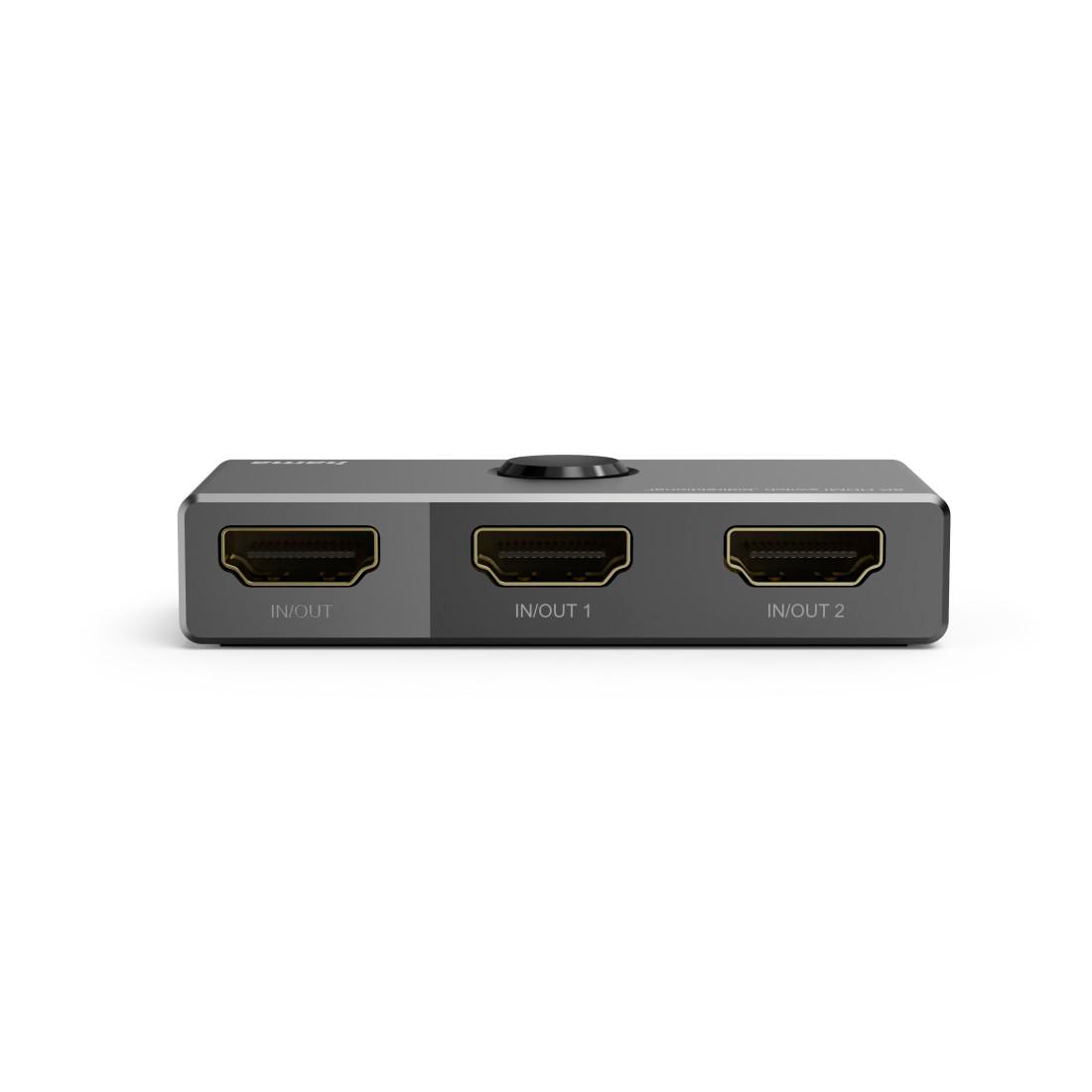 Ein grauer HDMI-Umschalter mit drei Anschlüssen: IN/OUT, IN/OUT 1 und IN/OUT 2.