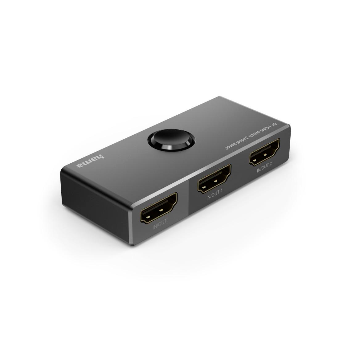Ein grauer 8K HDMI Switch mit den Anschlüssen IN/OUT, IN/OUT 1 und IN/OUT 2.