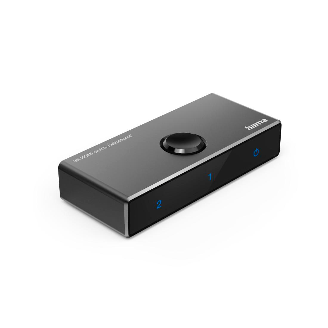Ein schwarzer Hama 8K HDMI-Switch mit zwei Anschlüssen, beschriftet mit 1 und 2.