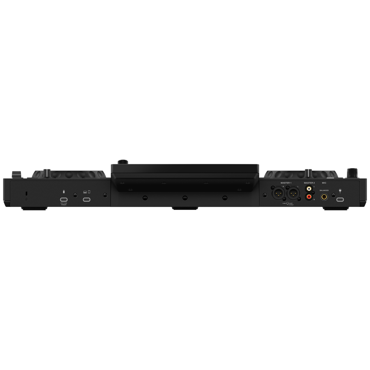 Zwarte DJ-controller met zichtbare Master 1, Master 2, Mic en USB-C poorten.