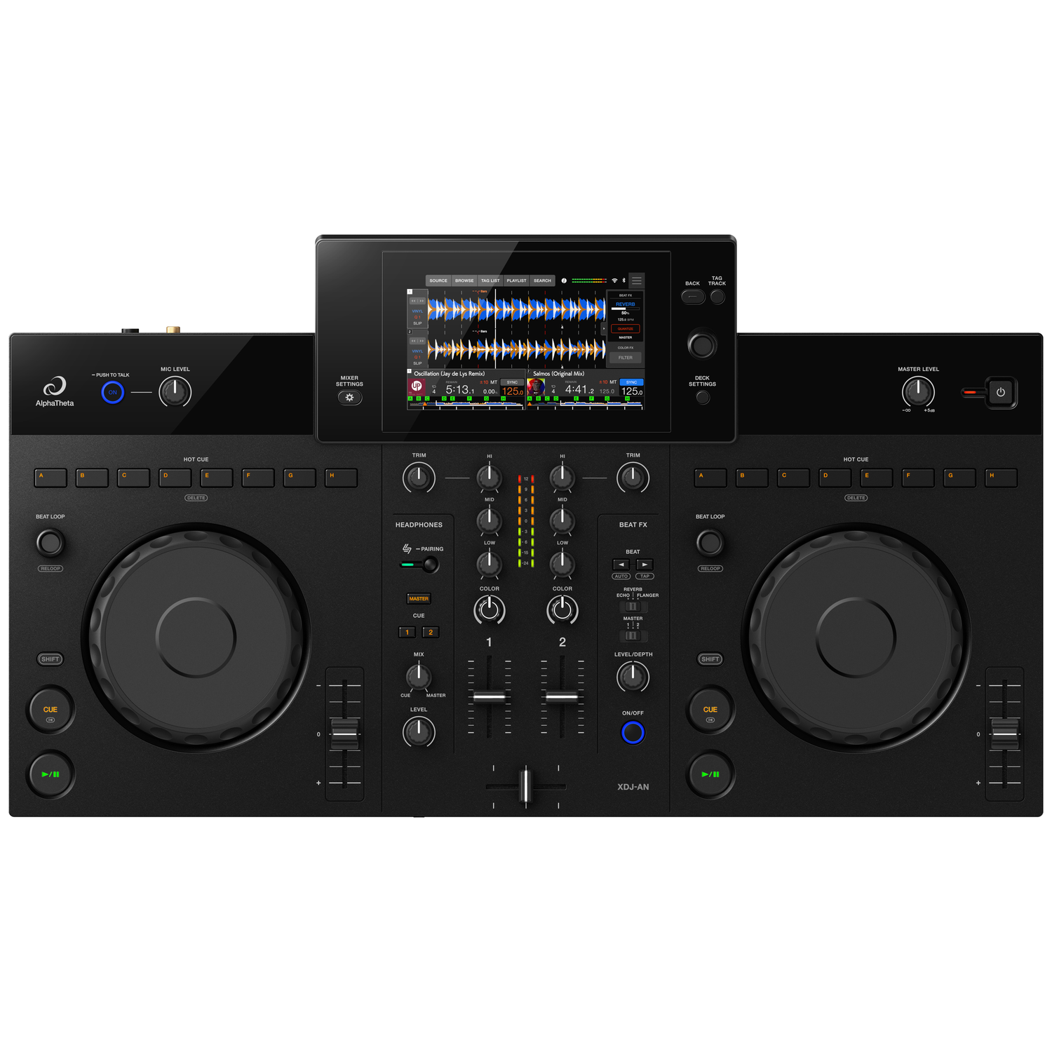 Een zwarte DJ-controller met twee jogwheels, een touchscreen en veel bedieningselementen.