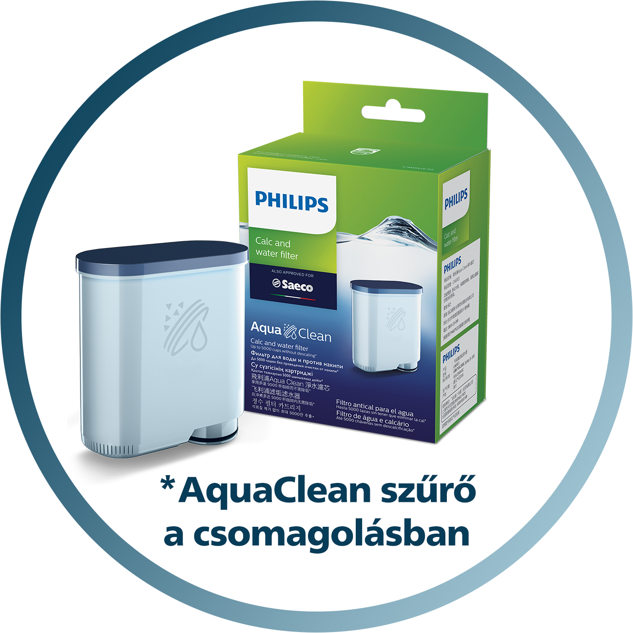Philips AquaClean vízszűrő a csomagolásban, világoskék és fehér.