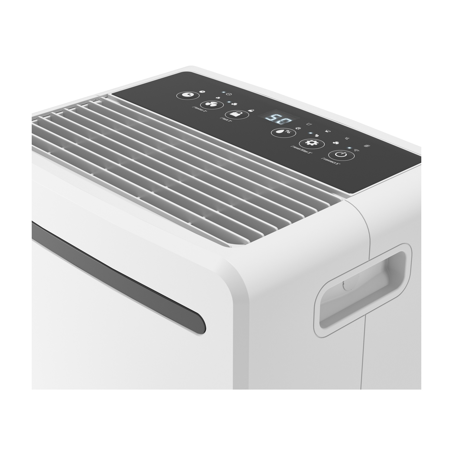 Deumidificatore bianco con display digitale e pulsanti di controllo.