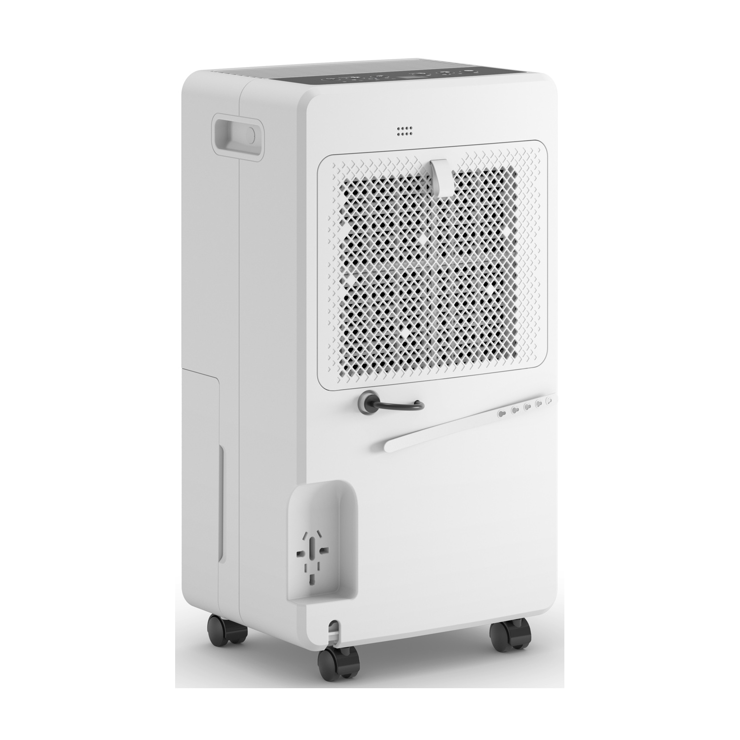 Un condizionatore d'aria bianco su ruote, con griglia di ventilazione e maniglia.