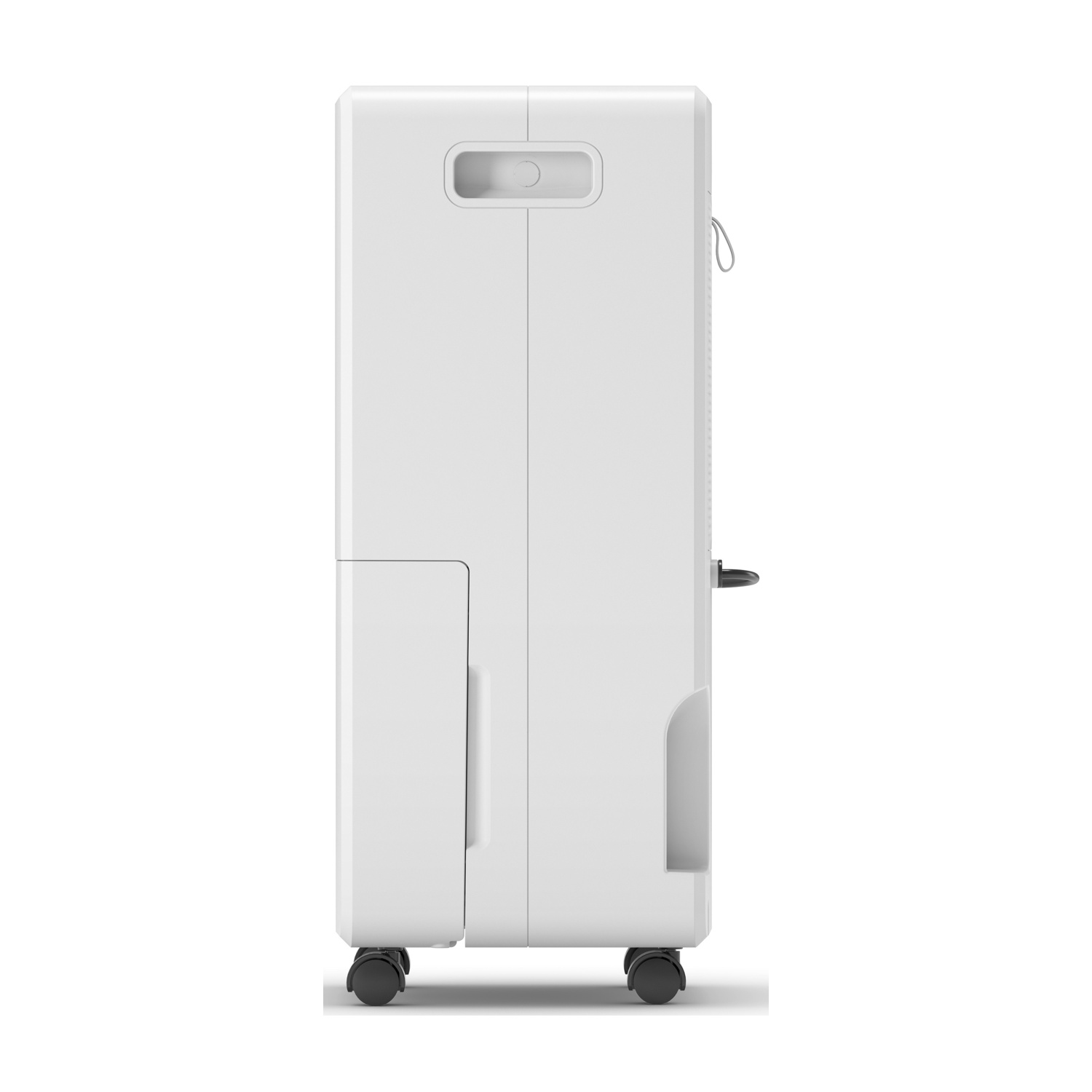 Condizionatore portatile bianco con ruote e maniglia, vista laterale.