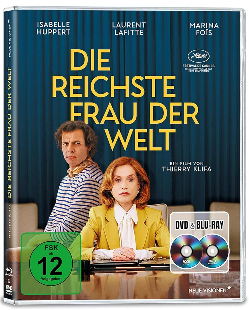 Filmplakat mit Isabelle Huppert und Laurent Lafitte, Titel 'Die reichste Frau der Welt'.