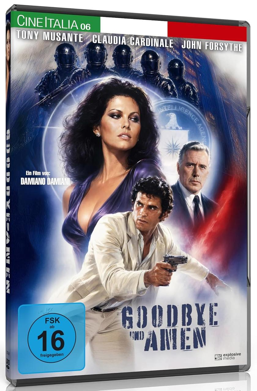 Ein Mann mit Waffe, eine Frau in Lila, Männer in Helmen, CIA-Logo, Filmtitel 'Goodbye und Amen'.